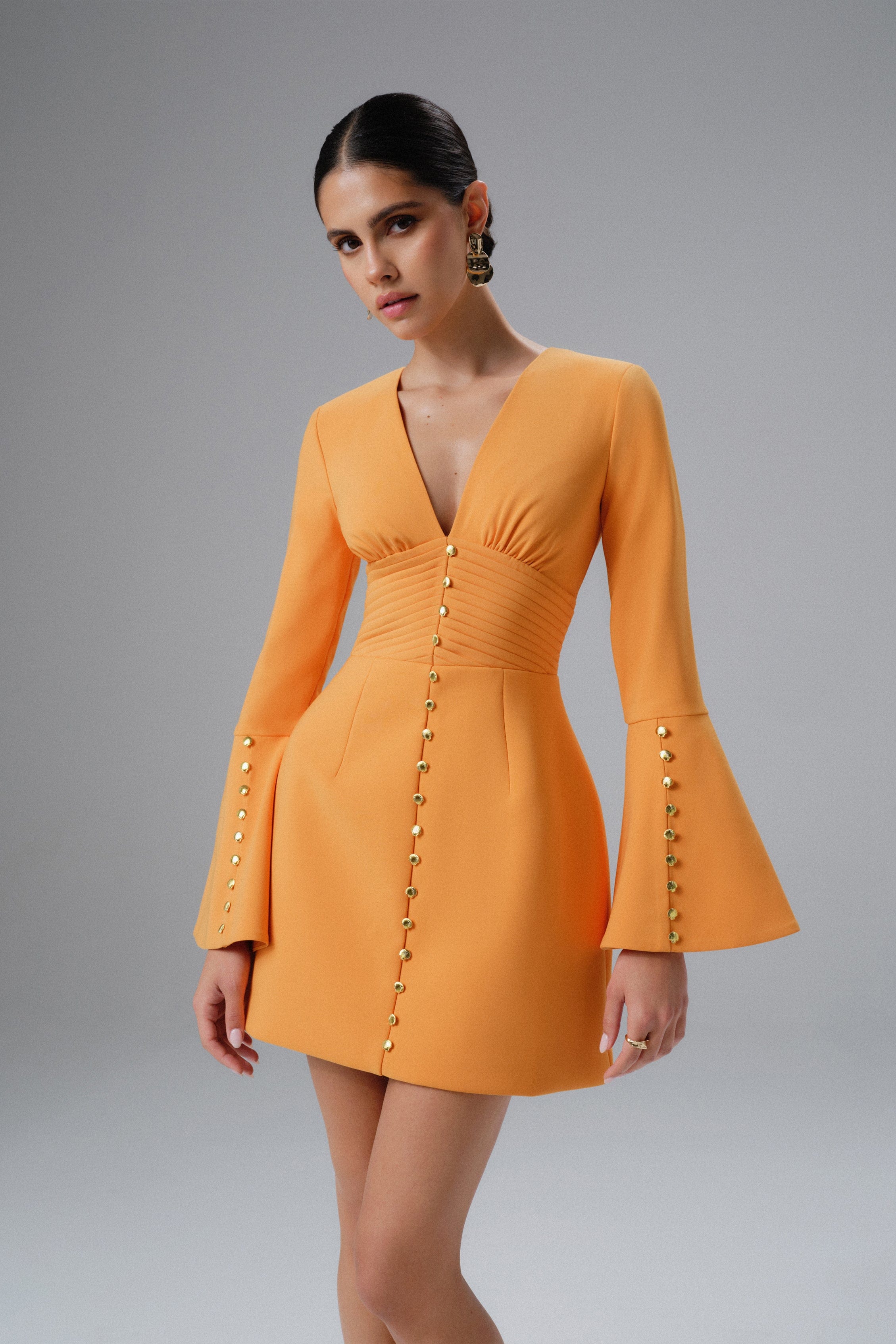 LARA Fluted Sleeve Micro Button Mini Dress in Orange