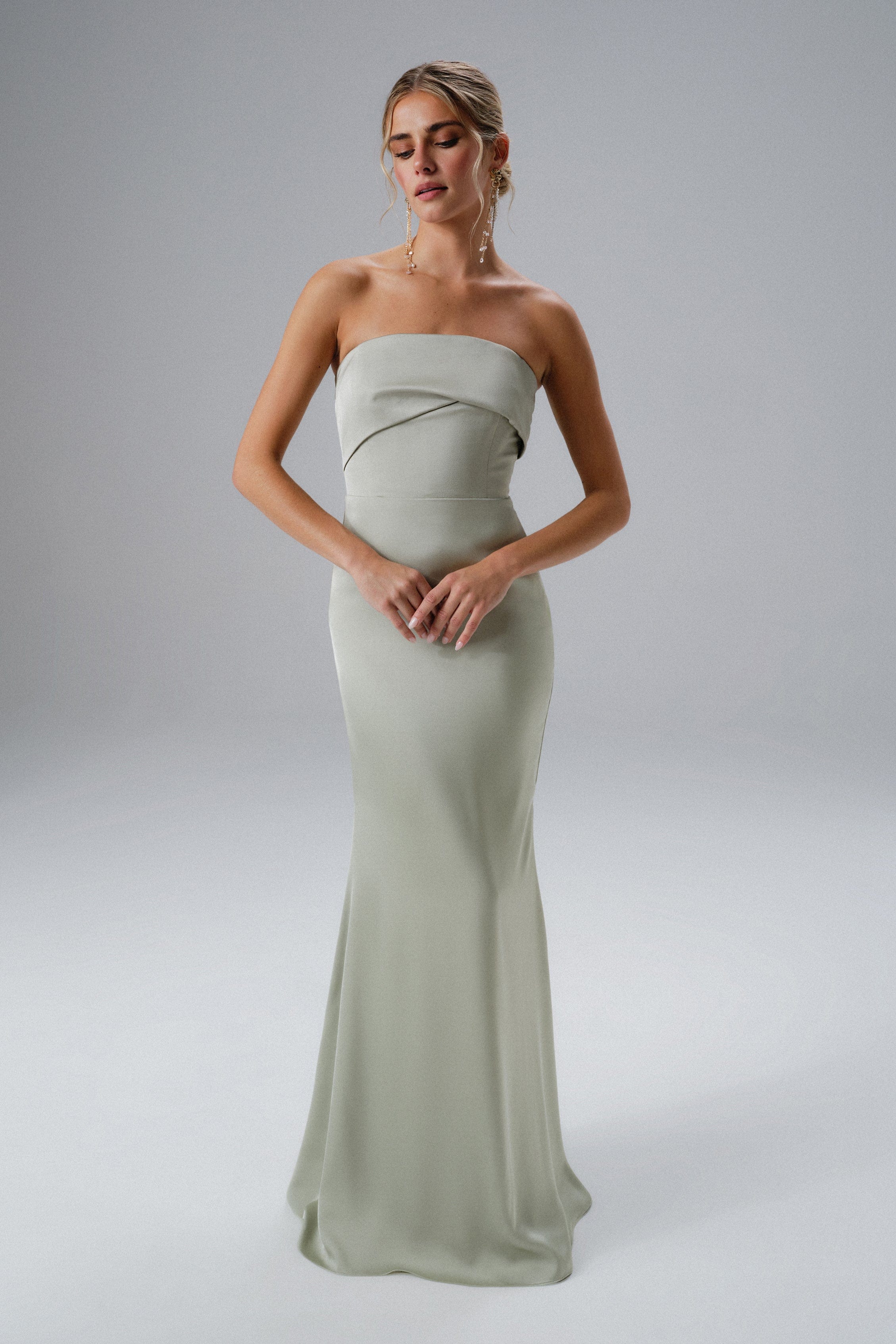 JOVIE Bow Detail Bandeau Satin Maxi Dress in Sage Green
