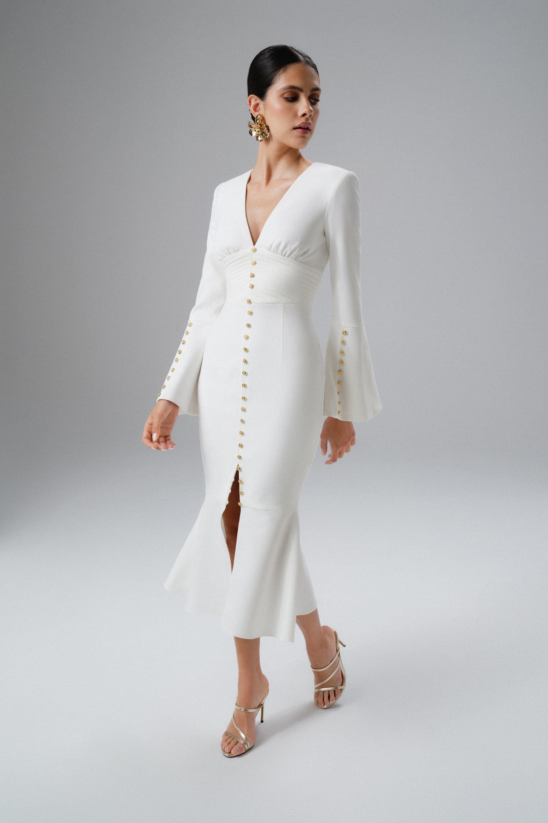 SALMA Fluted Sleeve Micro Rose Button Midi Dress in White