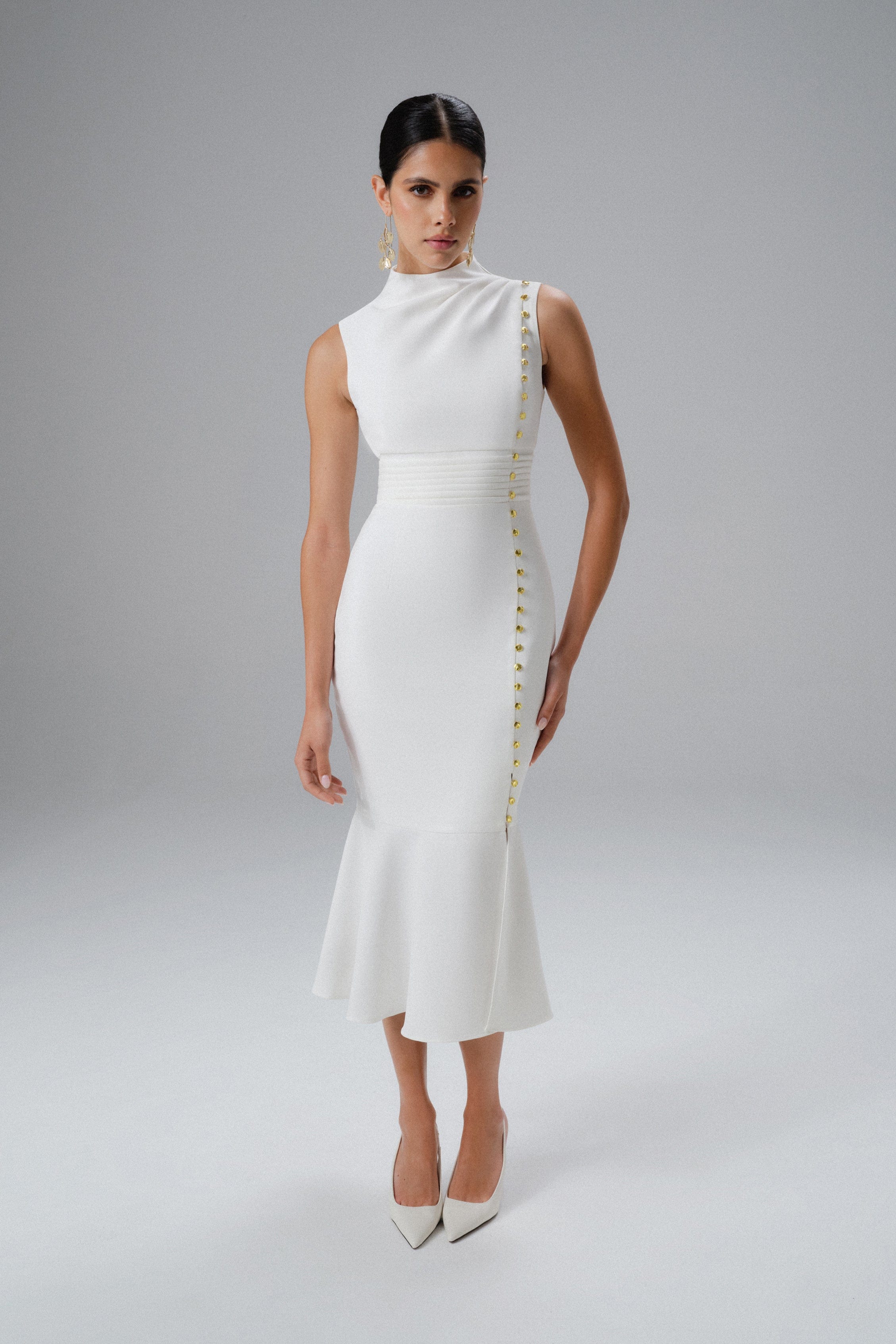 SAFFRON High Neck Micro Shell Button Midi Dress in White