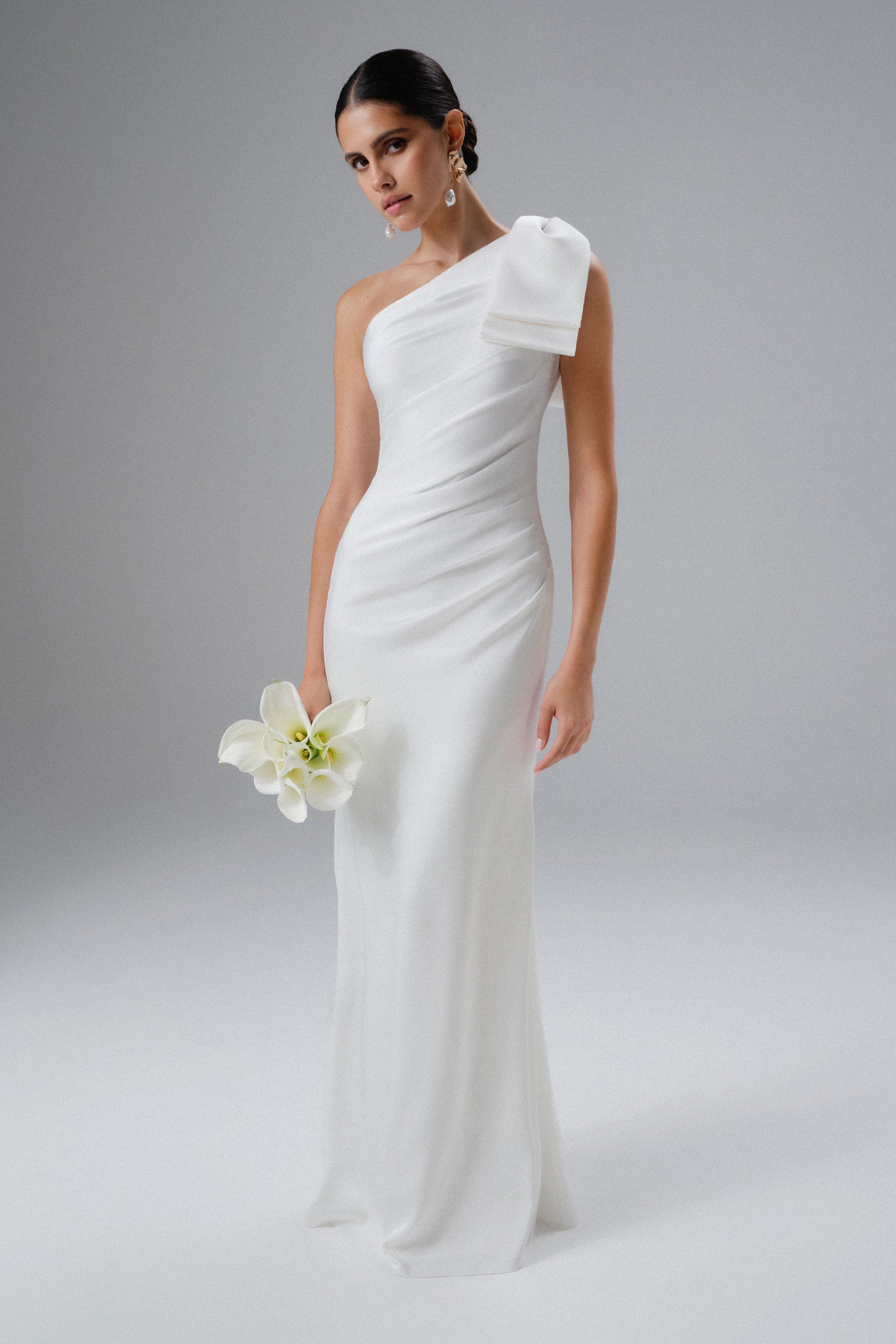 EMELIA One Shoulder Bow Pleated Maxi Dress in White