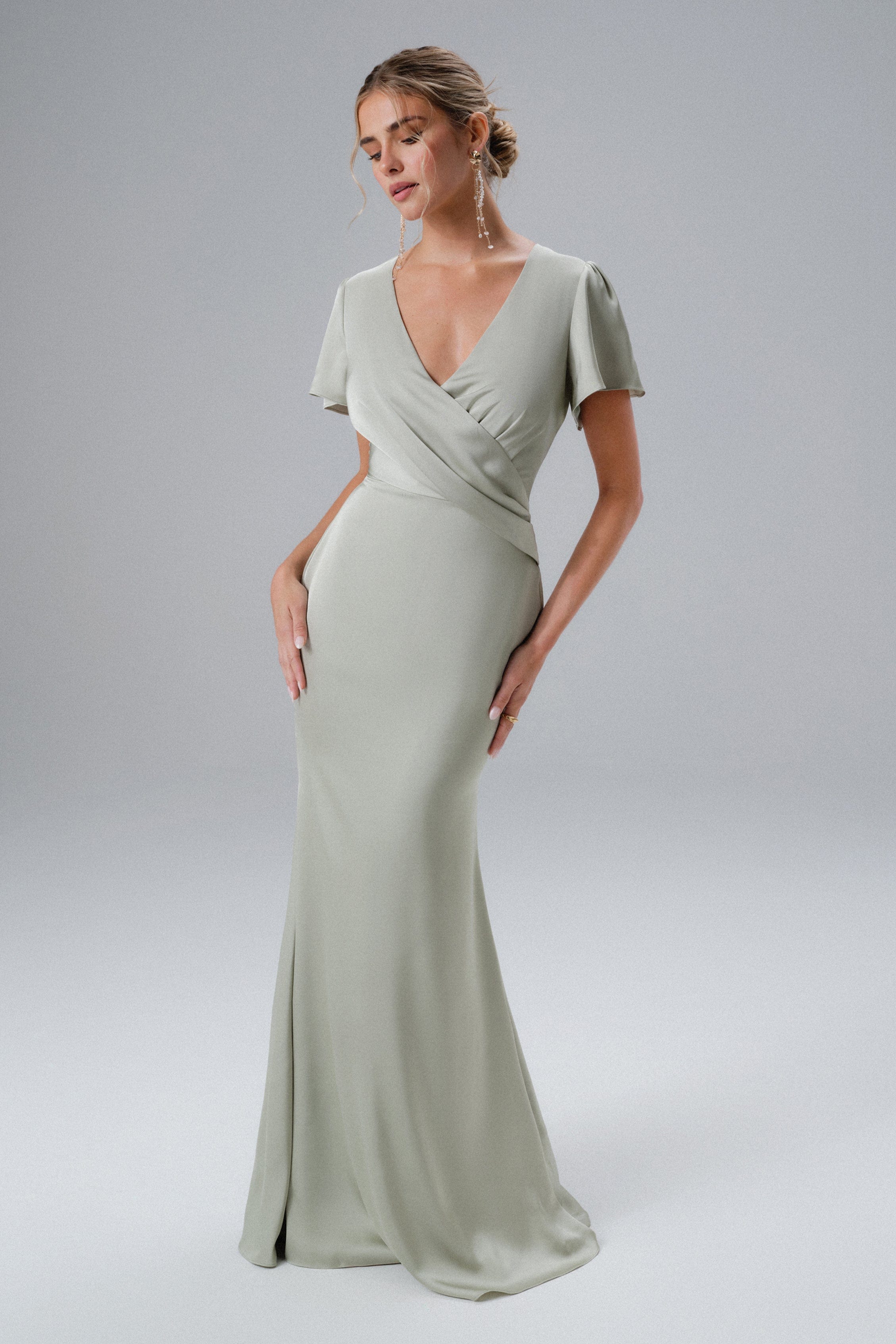 BEAU Draped Wrap Satin Maxi Dress with Sleeves in Sage Green