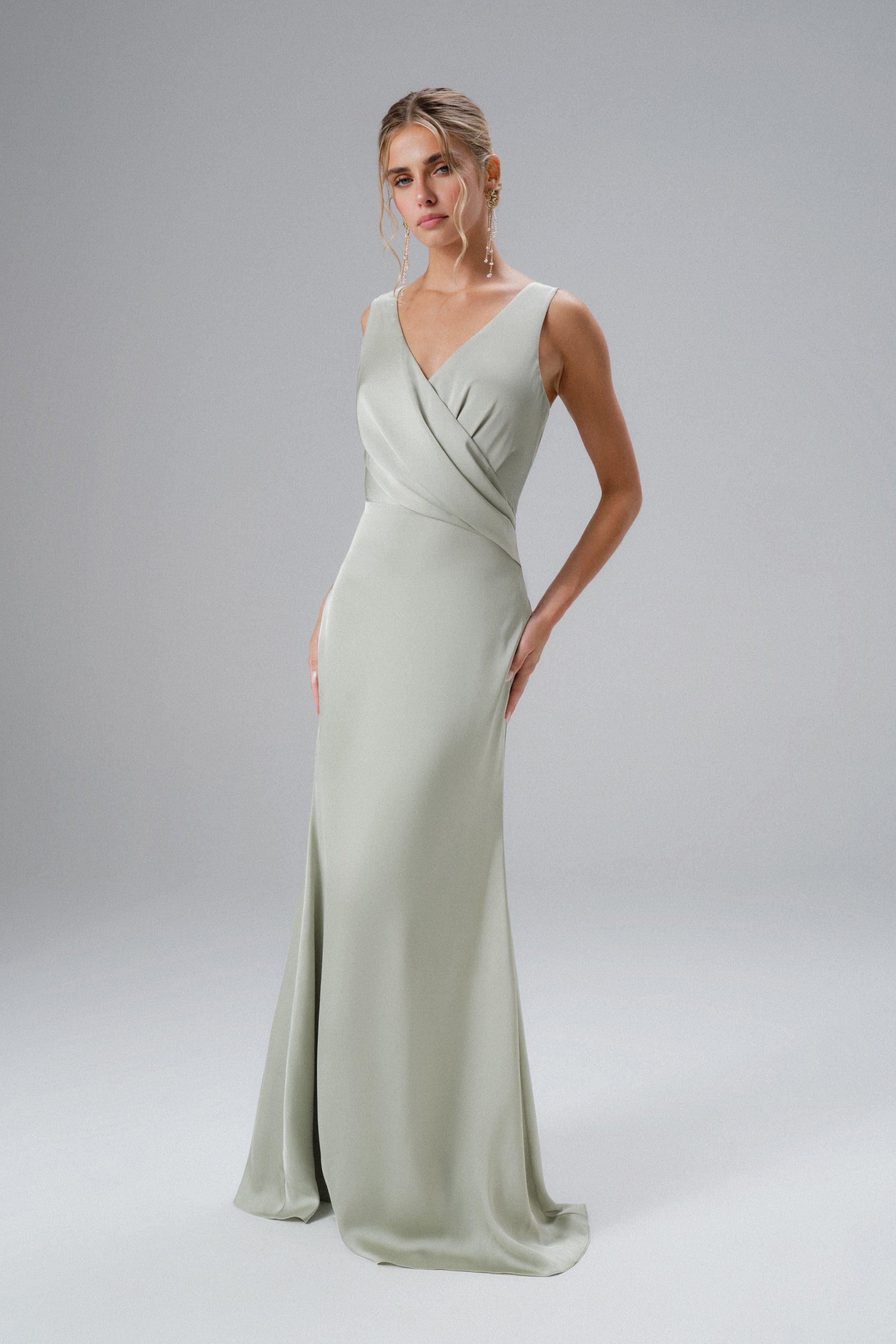 ELLE Draped Wrap Satin Maxi Dress in Sage Green