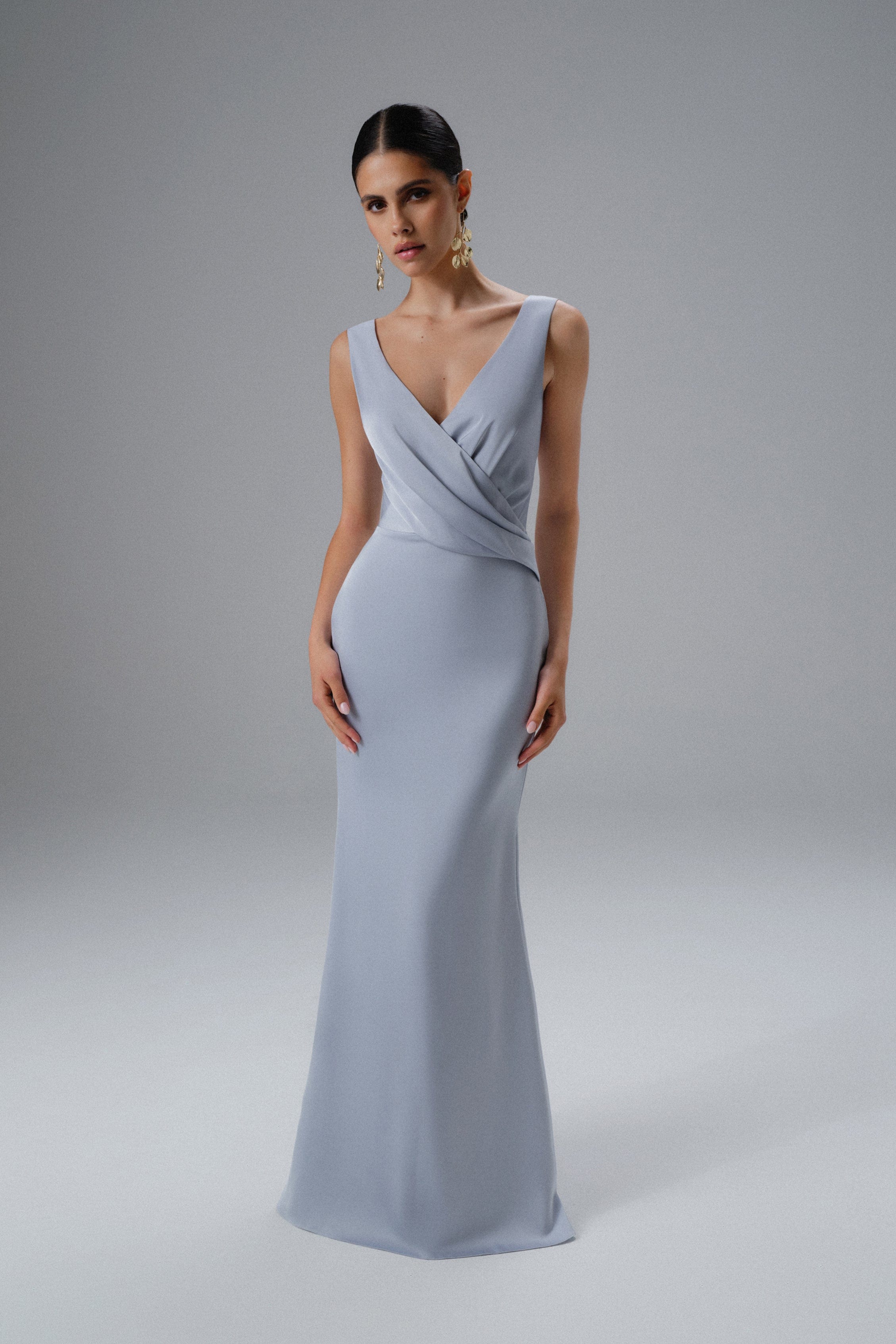 ELLE Draped Wrap Satin Maxi Dress in Blue