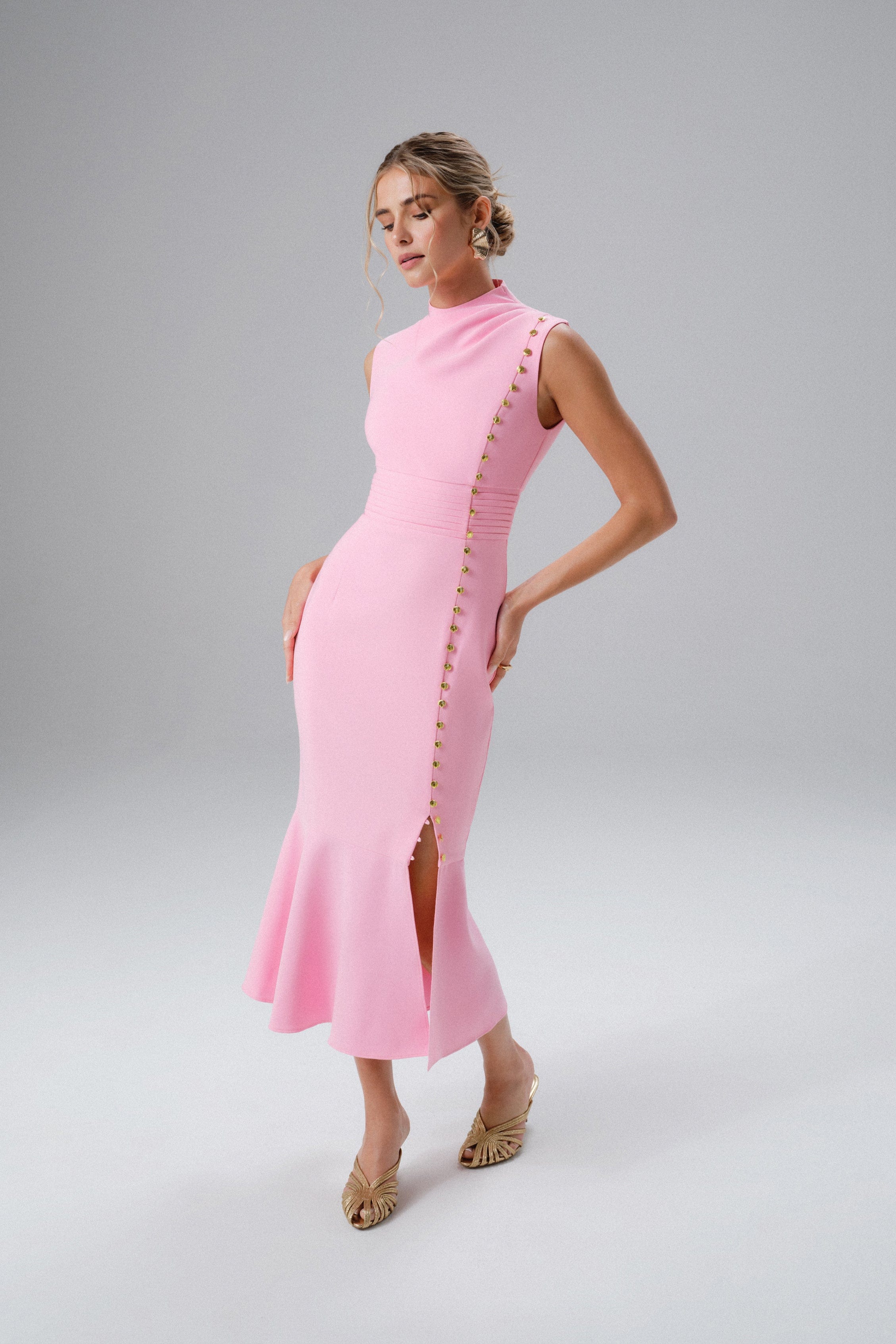 SAFFRON High Neck Micro Shell Button Midi Dress in Pink