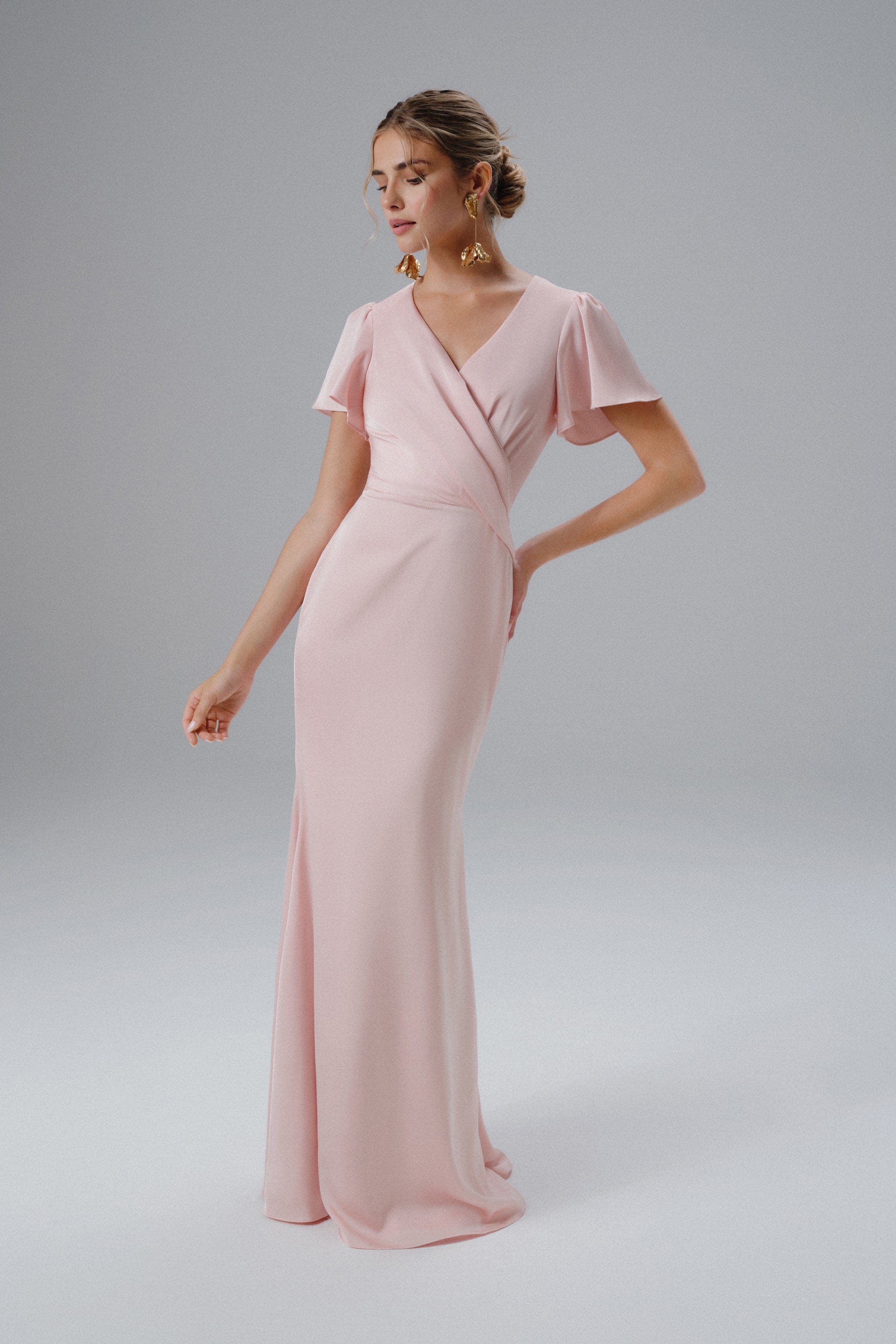 BEAU Draped Wrap Satin Maxi Dress with Sleeves in Pink
