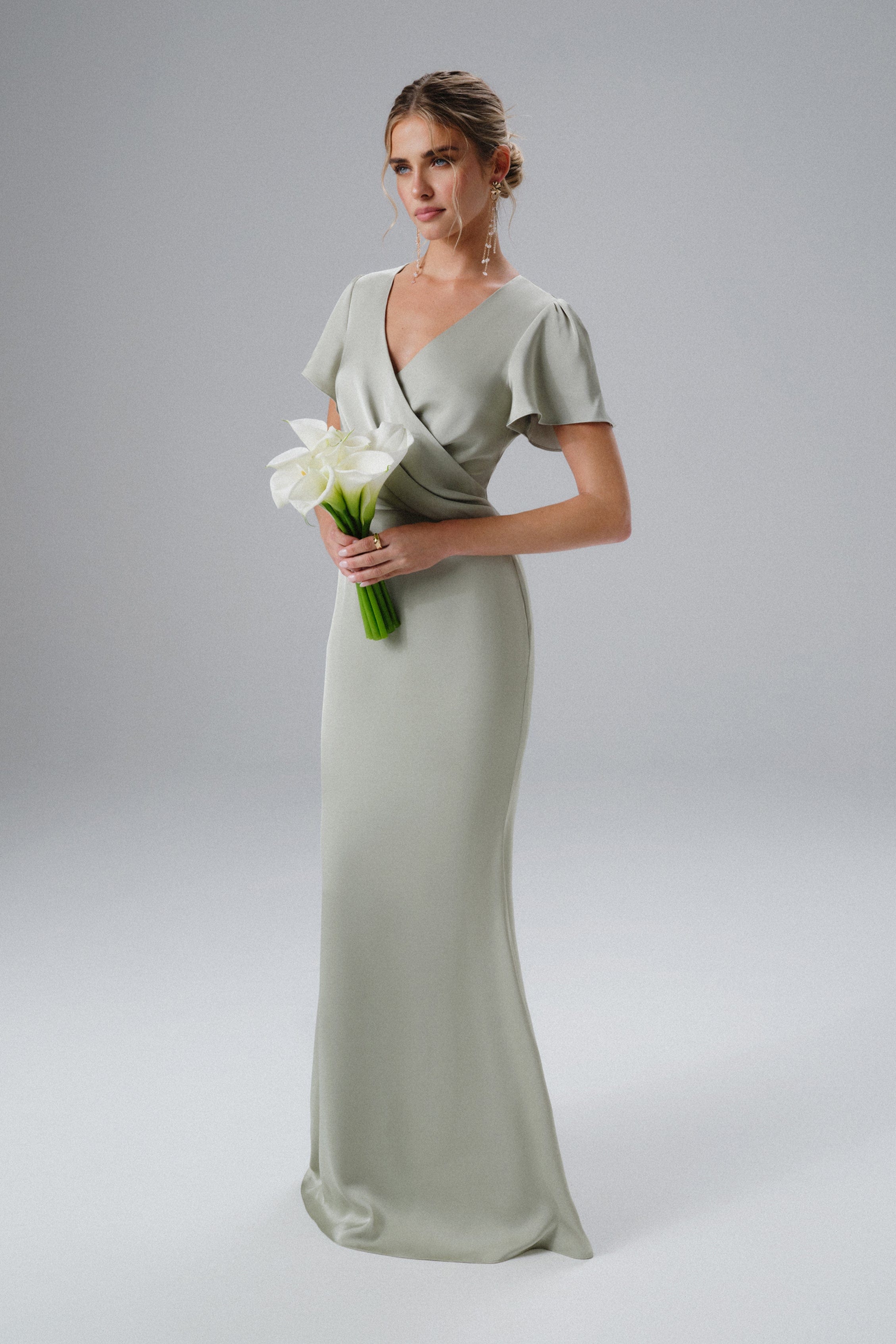 BEAU Draped Wrap Satin Maxi Dress with Sleeves in Sage Green