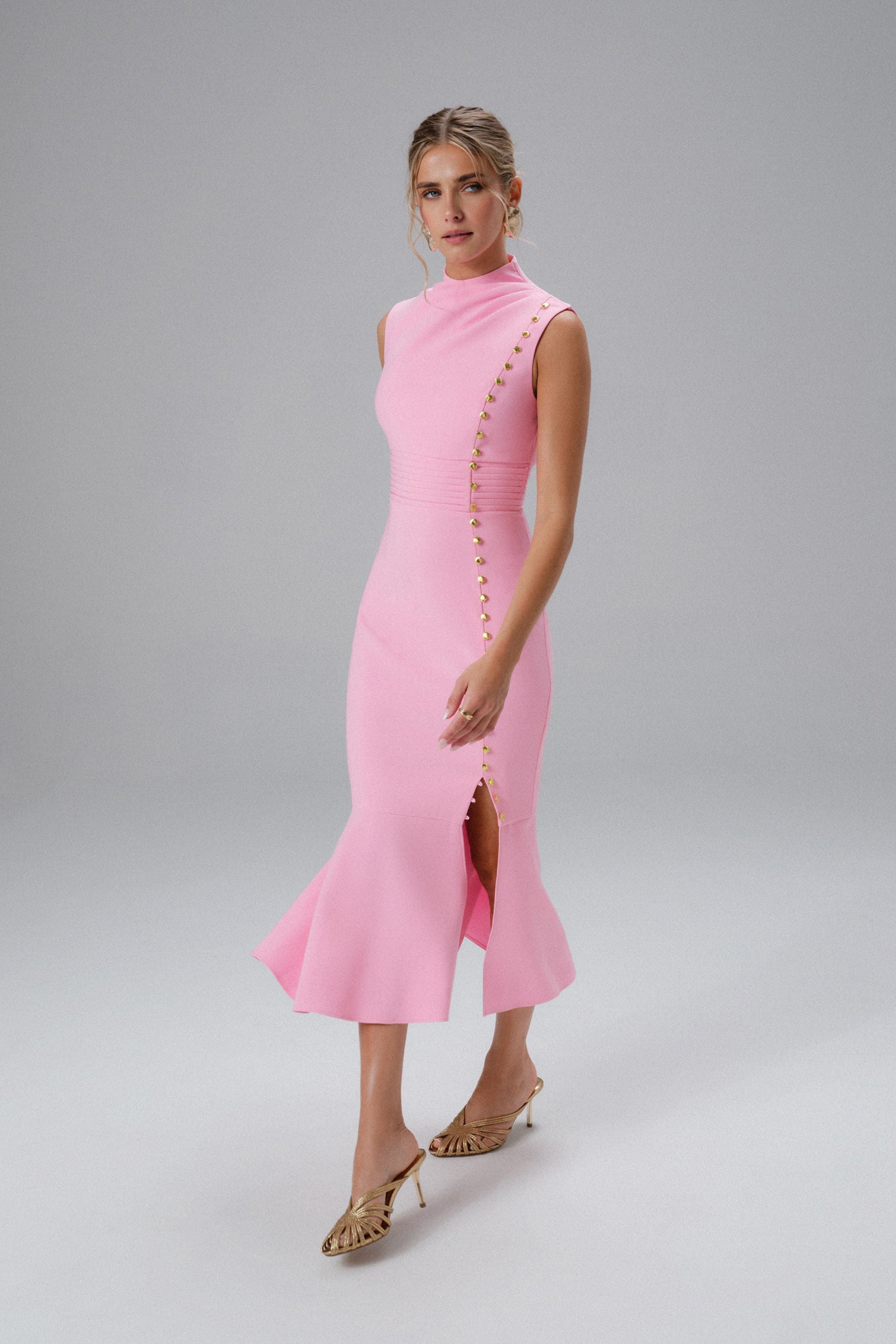 SAFFRON High Neck Micro Shell Button Midi Dress in Pink