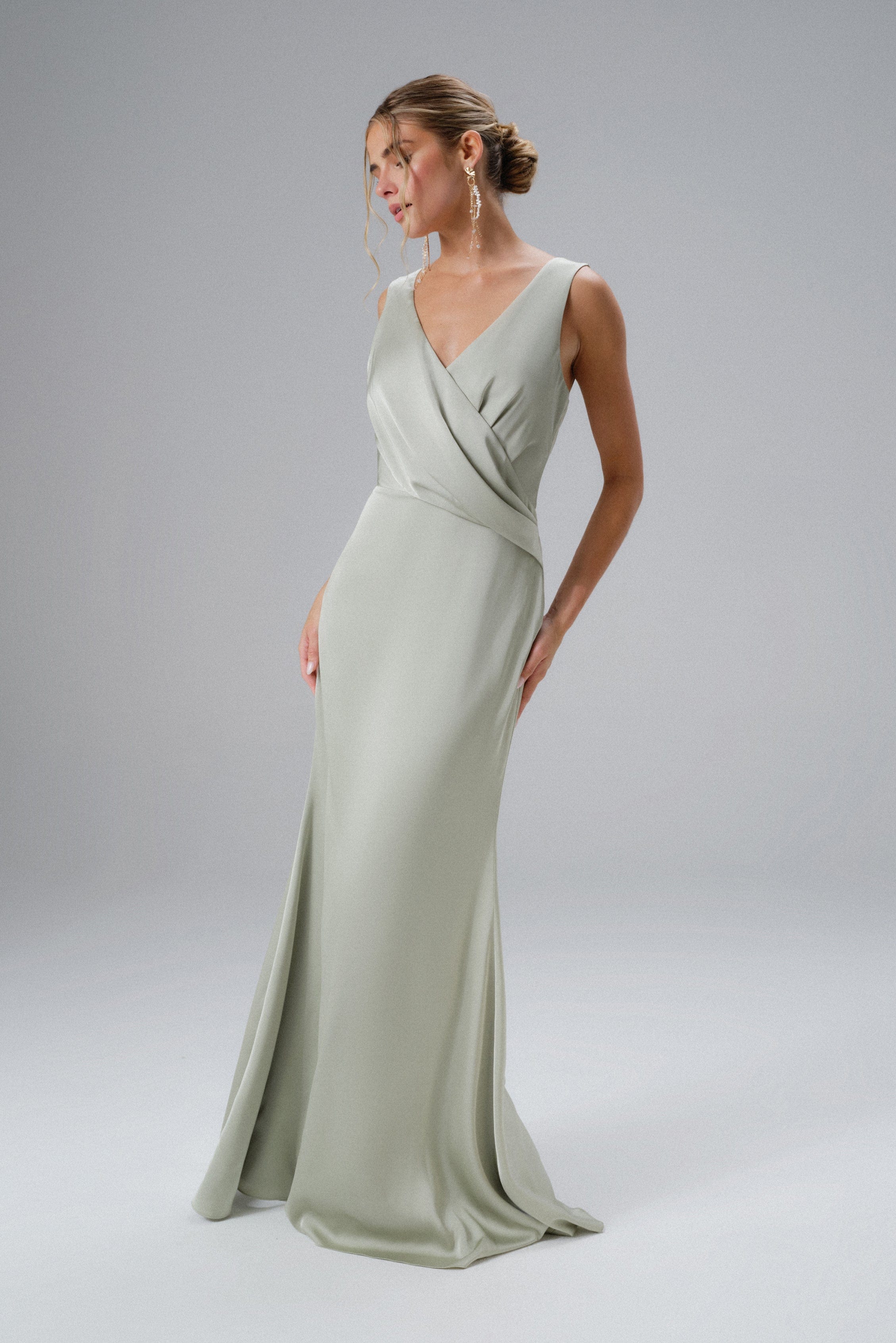 ELLE Draped Wrap Satin Maxi Dress in Sage Green