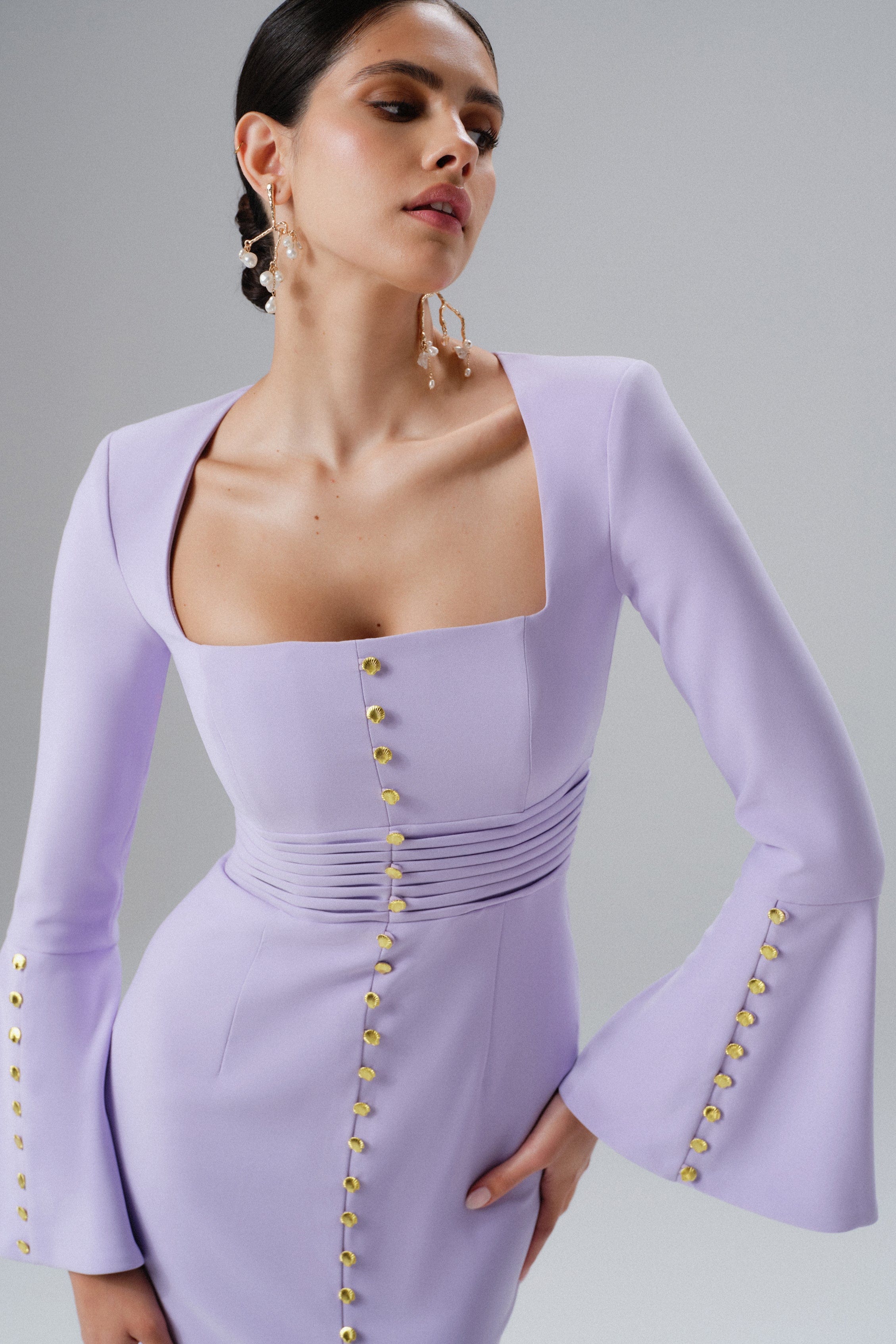 SERENA Fluted Sleeve Micro Shell Button Midi Dress in Purple