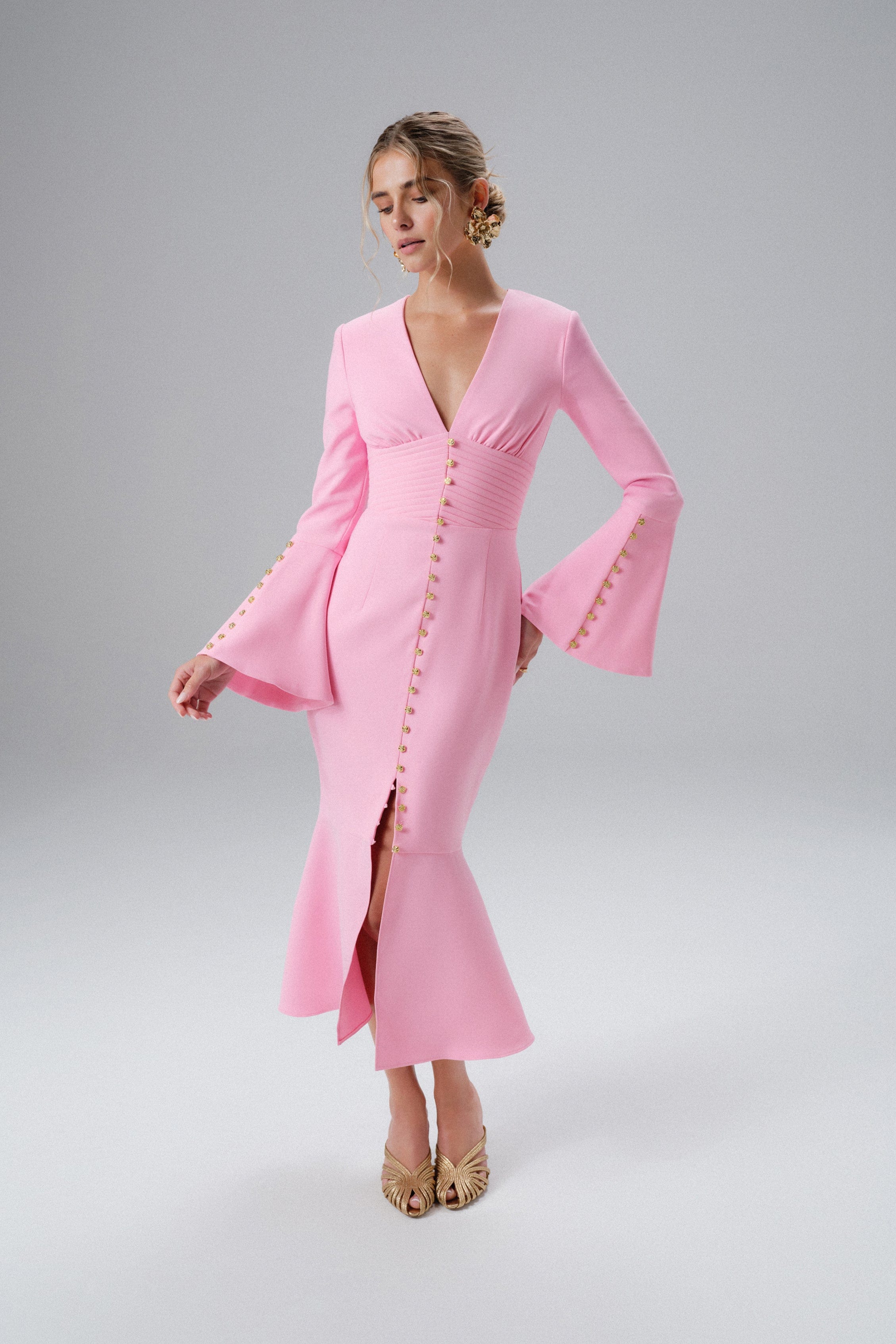 SALMA Fluted Sleeve Micro Rose Button Midi Dress in Pink