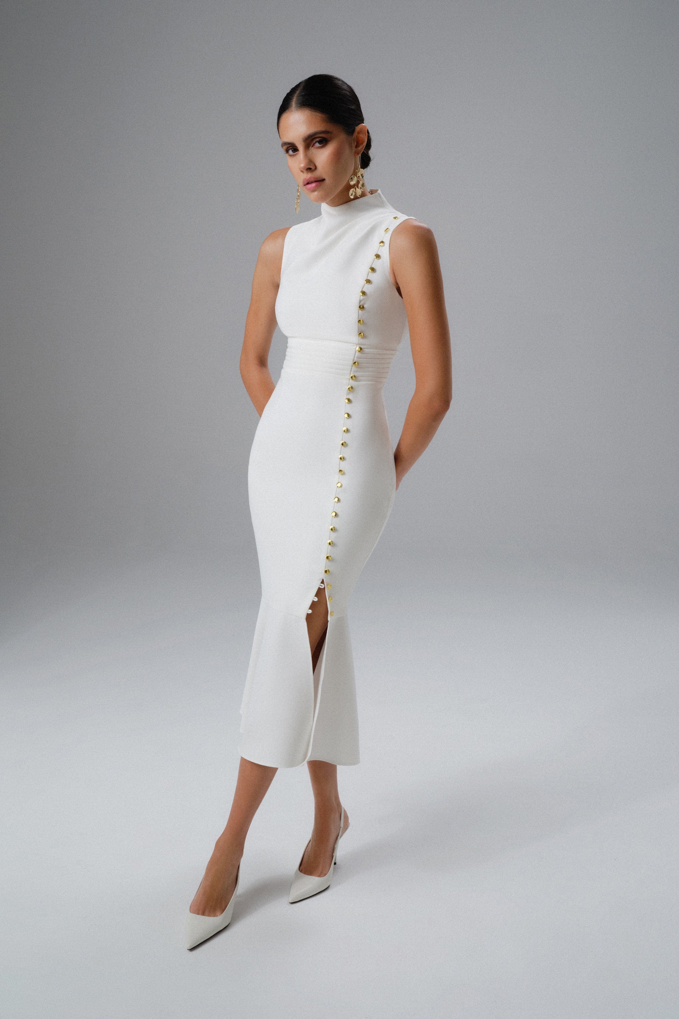 SAFFRON High Neck Micro Shell Button Midi Dress in White