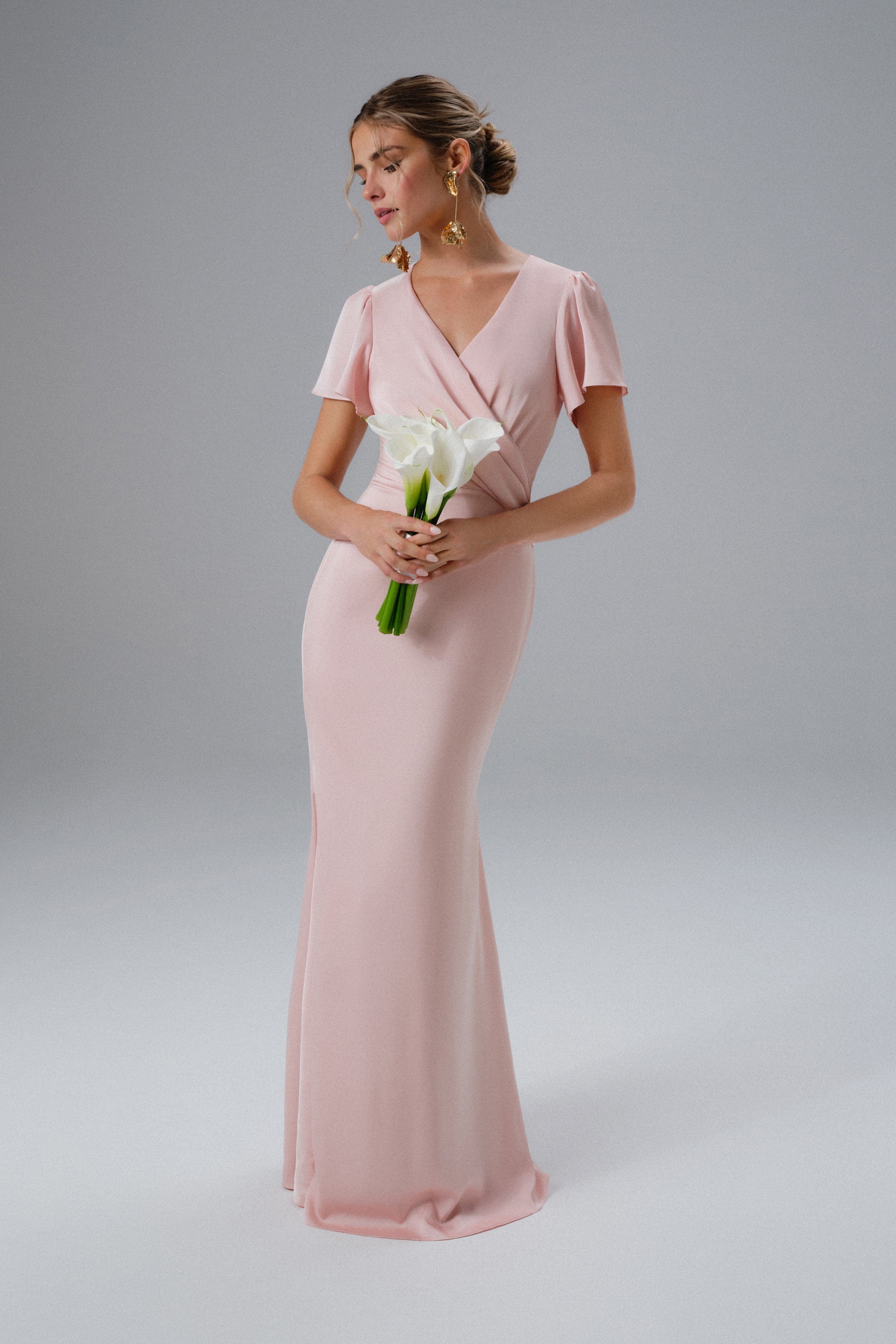 BEAU Draped Wrap Satin Maxi Dress with Sleeves in Pink
