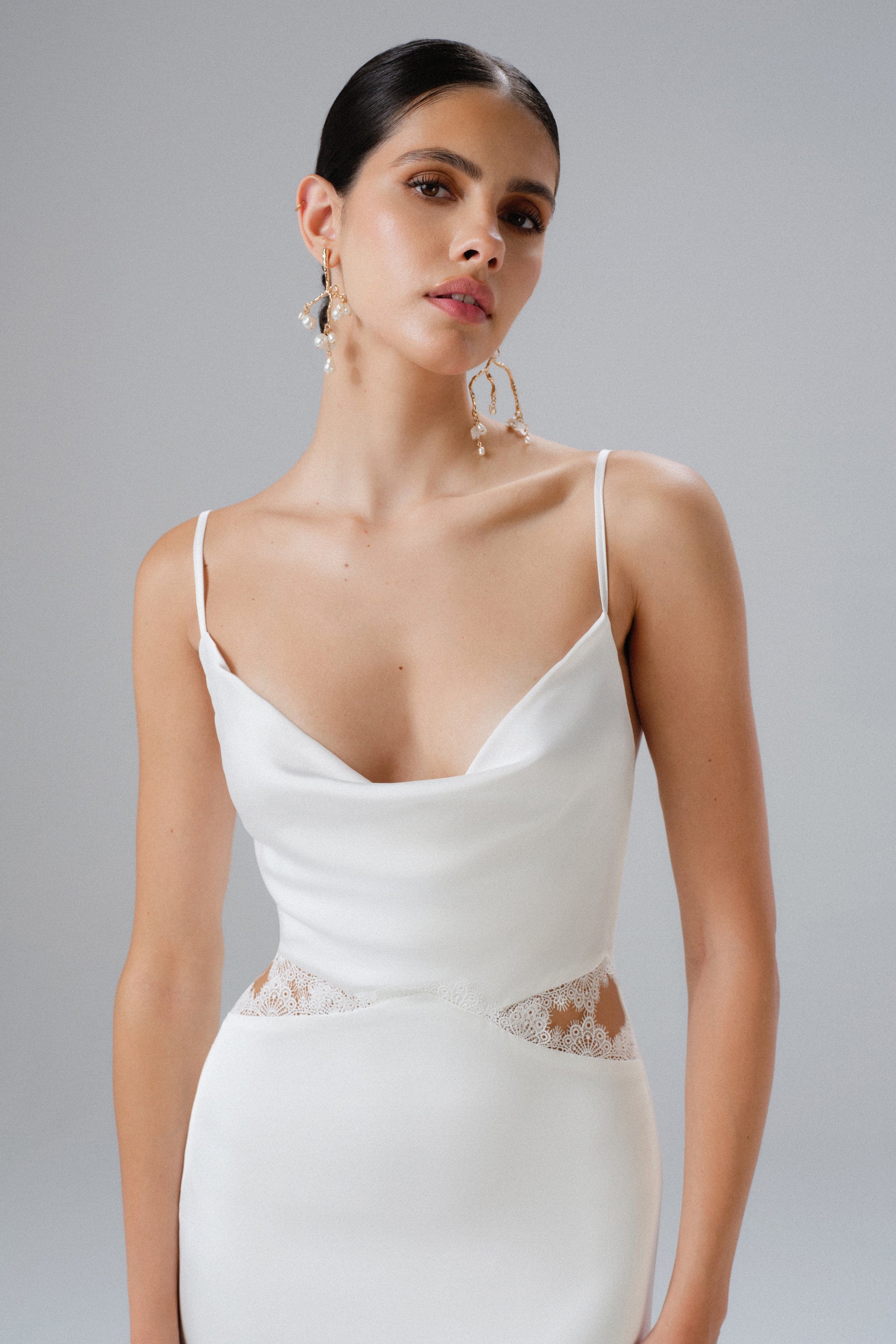 MAY Lace Insert Satin Maxi Dress in White