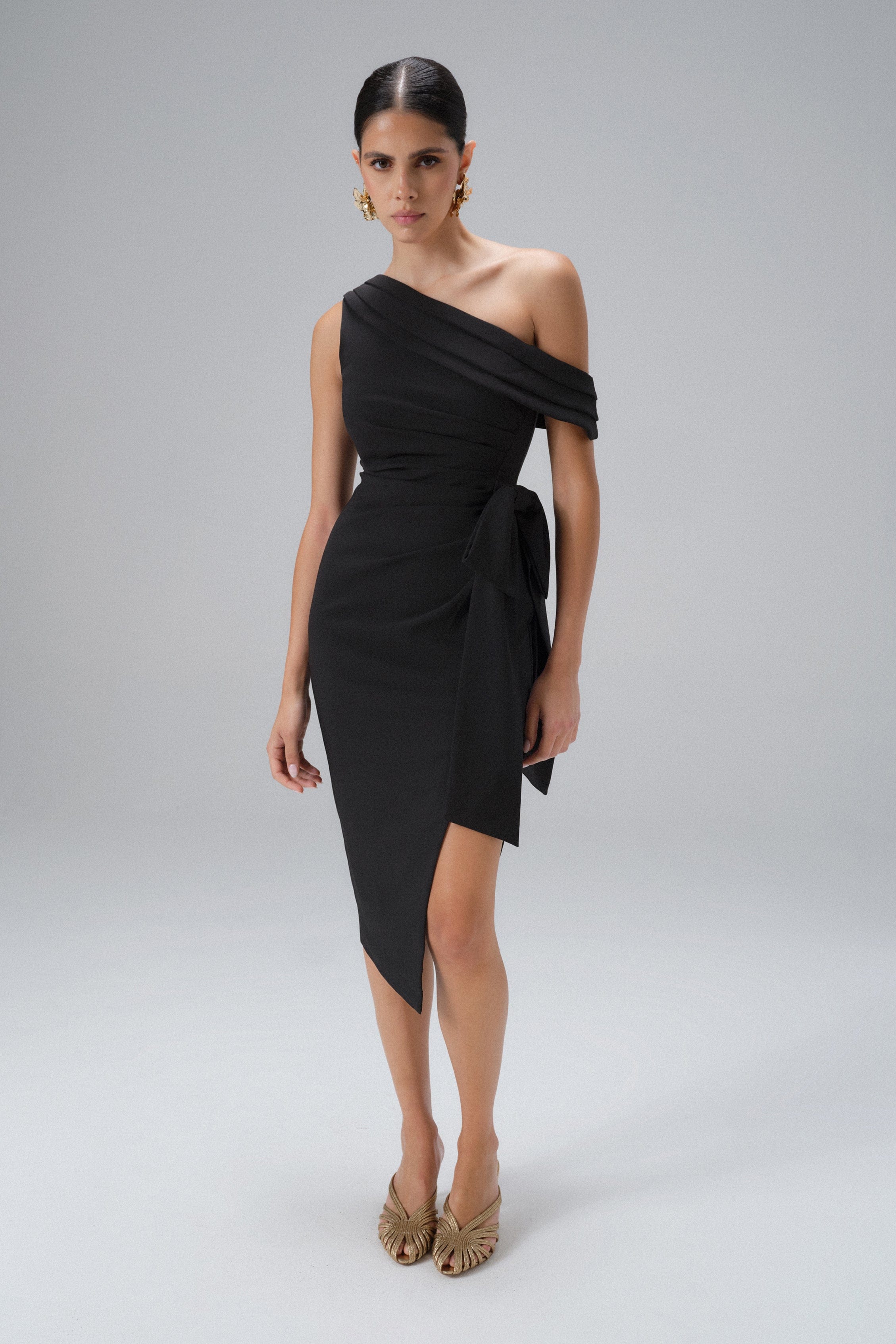 HONEY One Shoulder Pleated Bow Midi Dress in Black