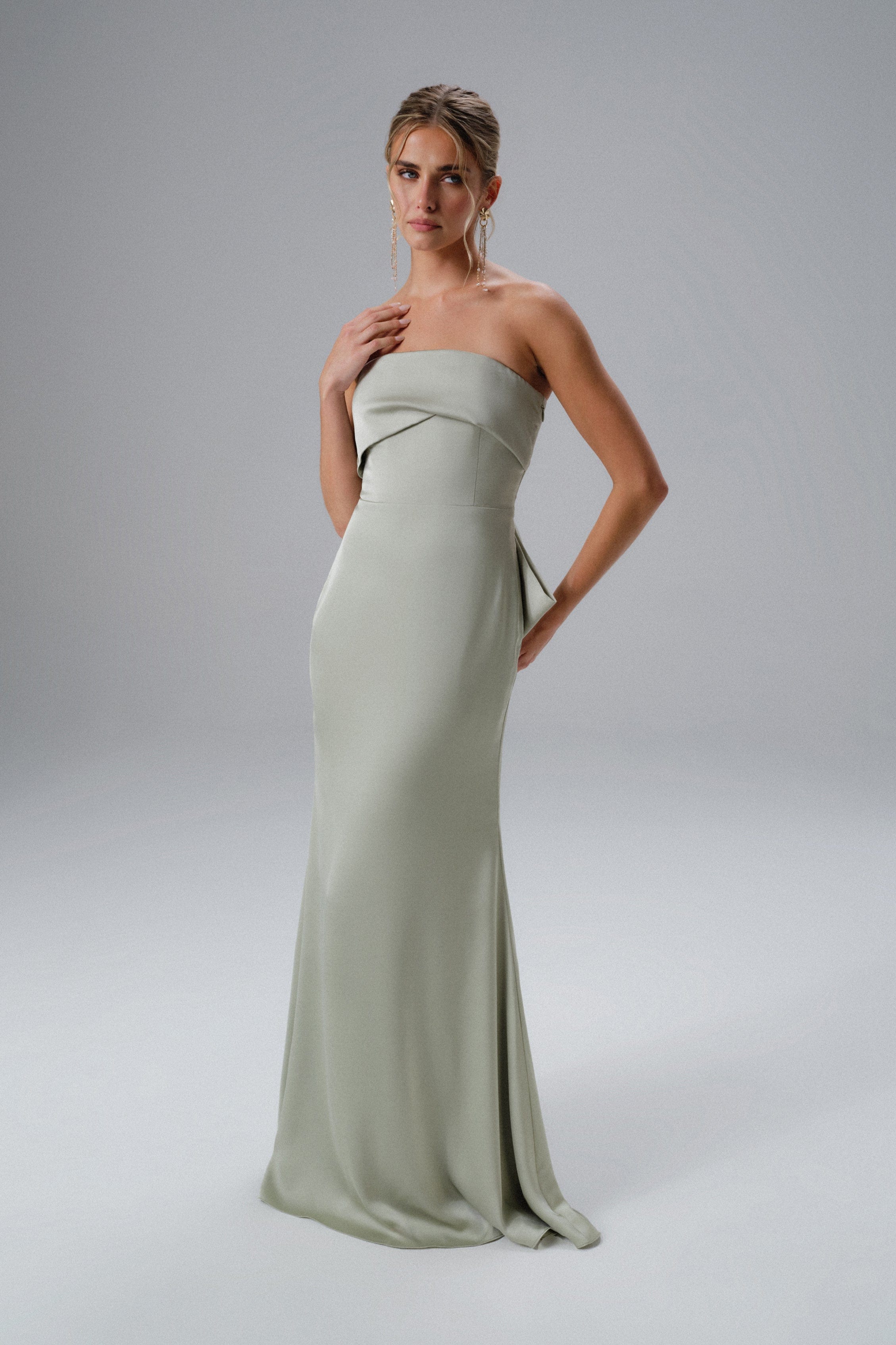 JOVIE Bow Detail Bandeau Satin Maxi Dress in Sage Green