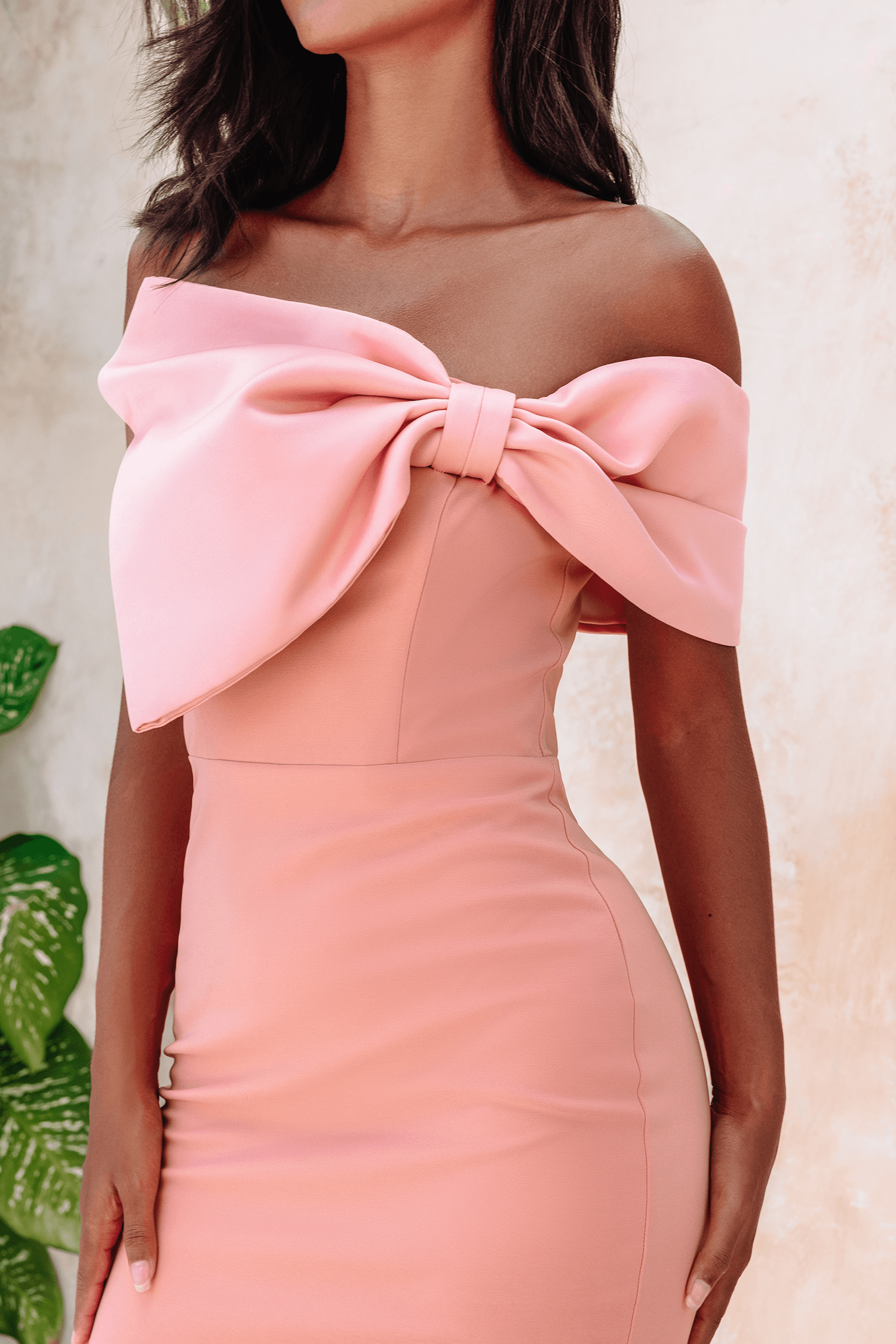 DEMI Bardot Bow Detail Midi Dress in Coral