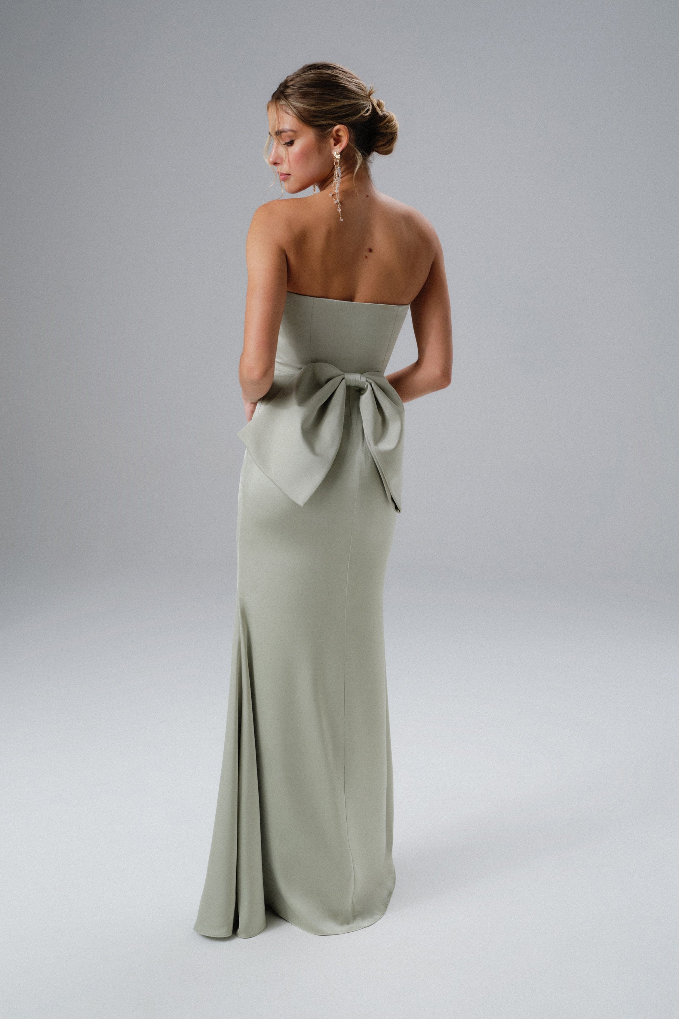 JOVIE Bow Detail Bandeau Satin Maxi Dress in Sage Green