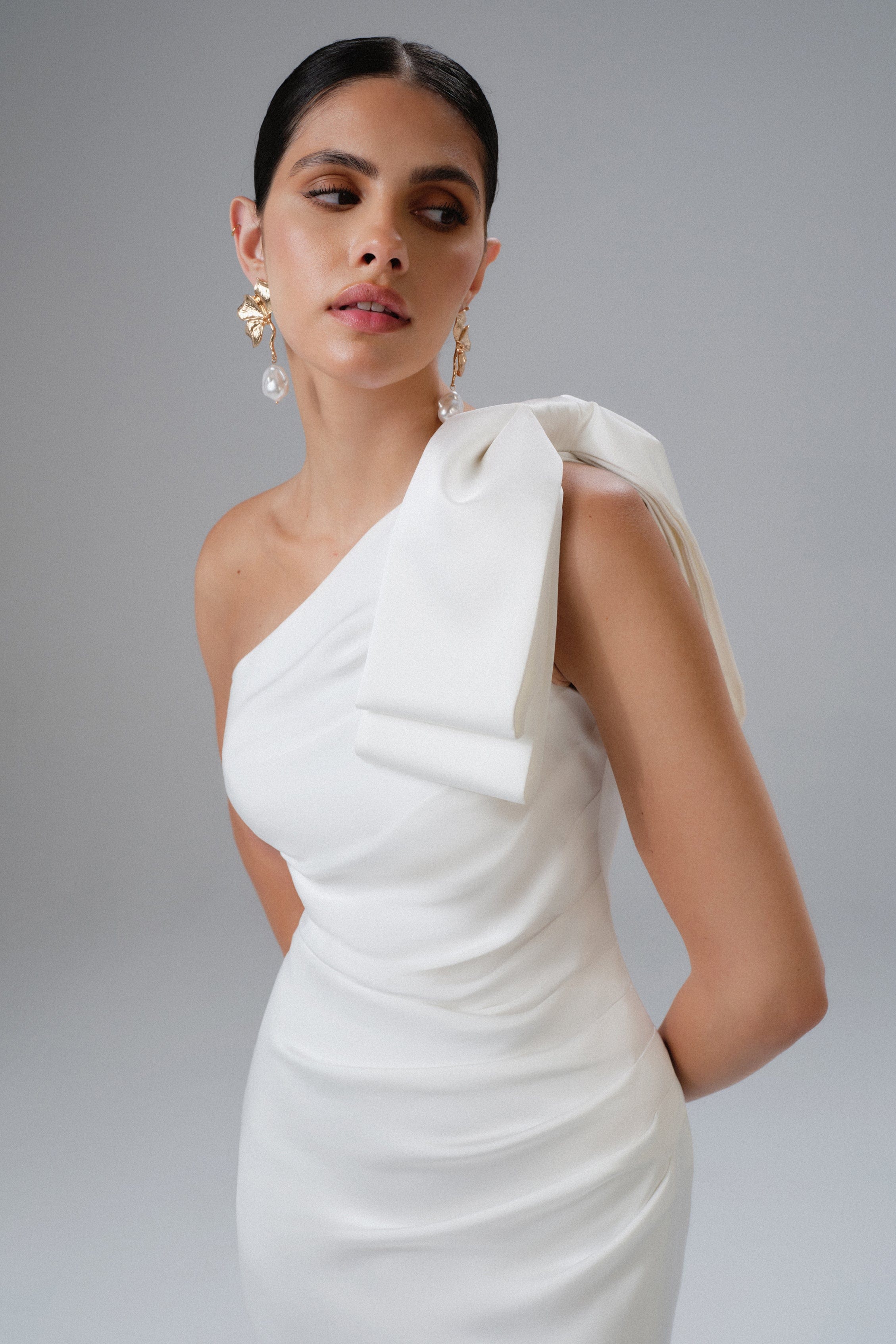 EMELIA One Shoulder Bow Pleated Maxi Dress in White