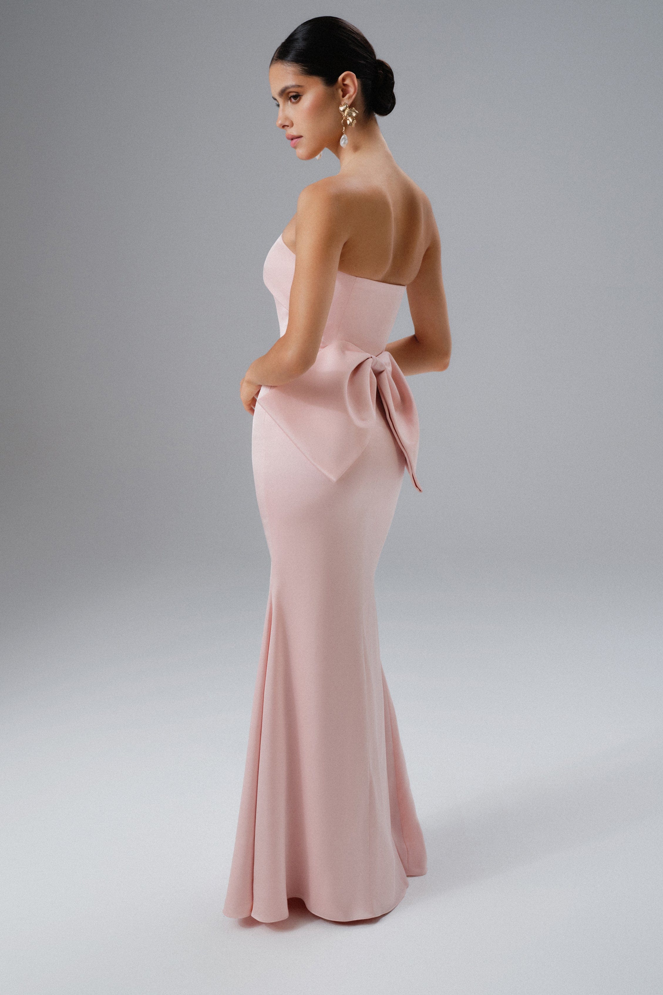 JOVIE Bow Detail Bandeau Satin Maxi Dress in Pink