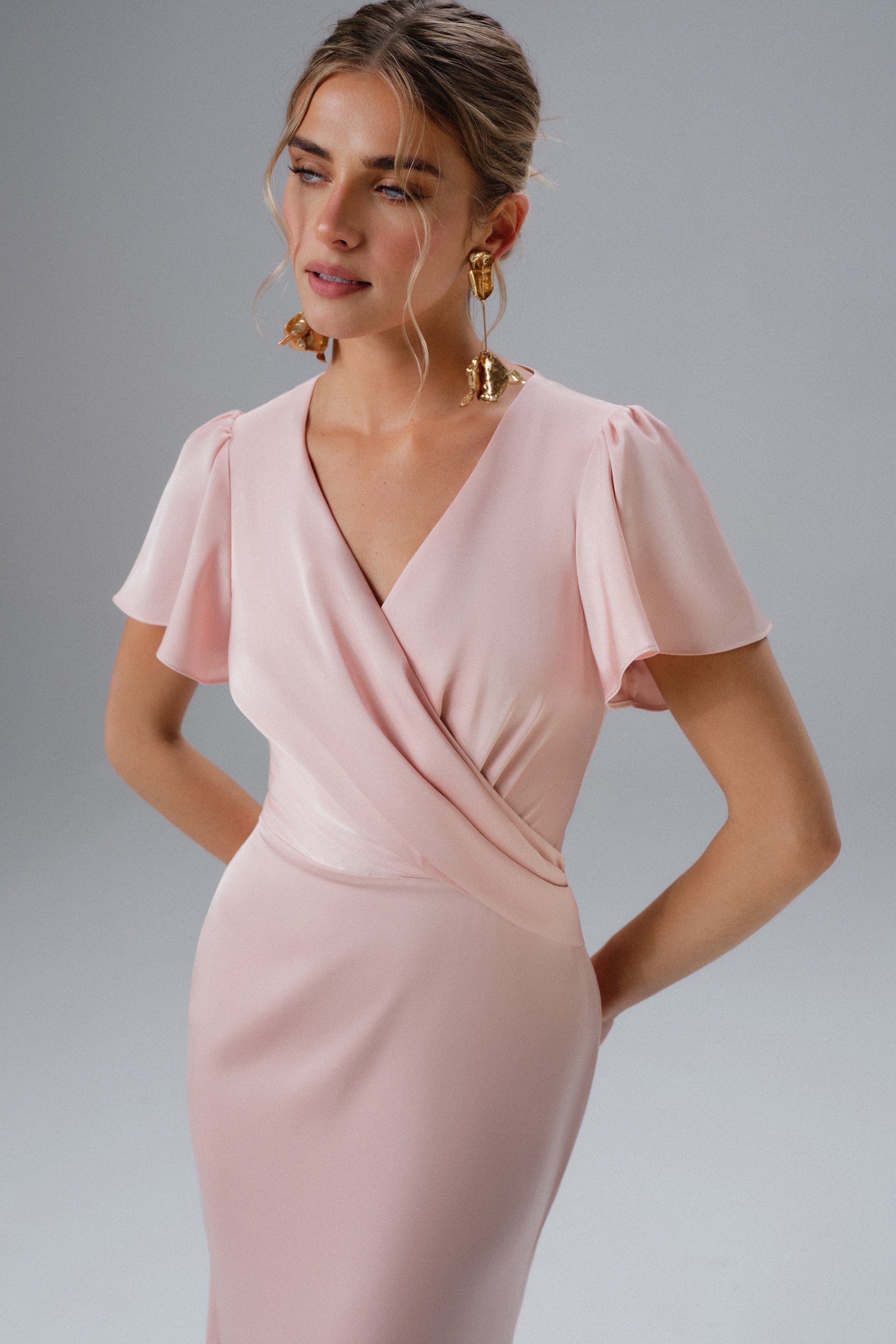 BEAU Draped Wrap Satin Maxi Dress with Sleeves in Pink