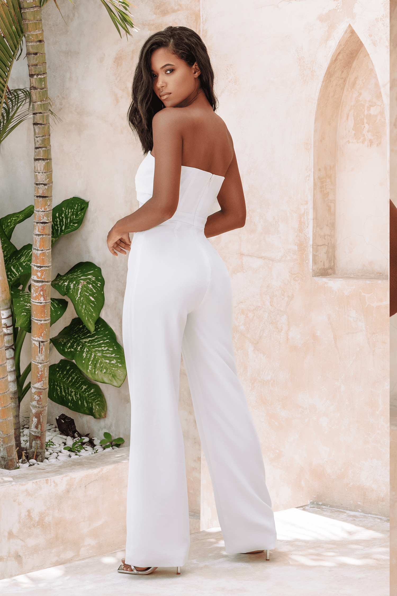 MALIA Bandeau Draped Panel Straight Leg Jumpsuit In White