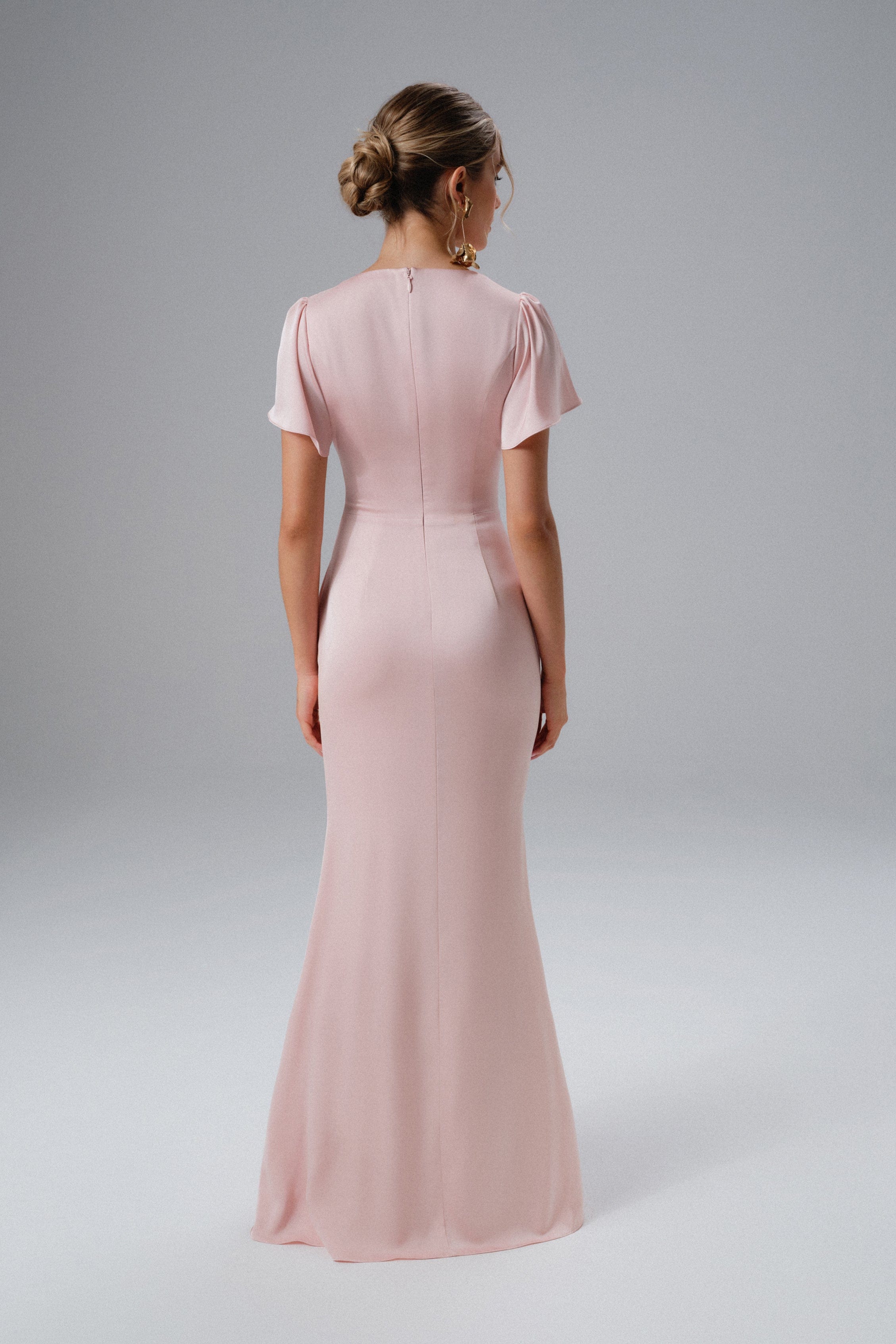 BEAU Draped Wrap Satin Maxi Dress with Sleeves in Pink