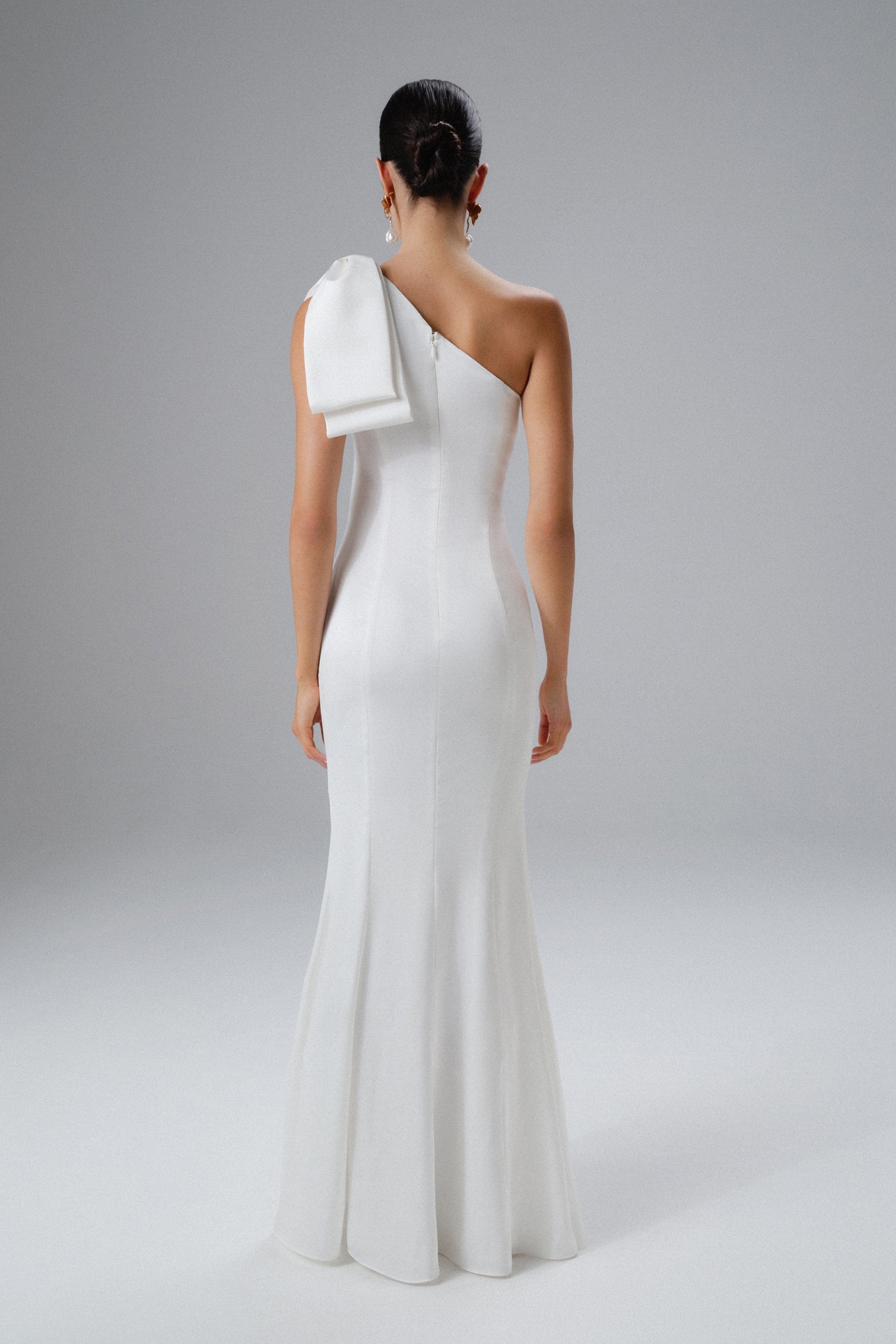 EMELIA One Shoulder Bow Pleated Maxi Dress in White