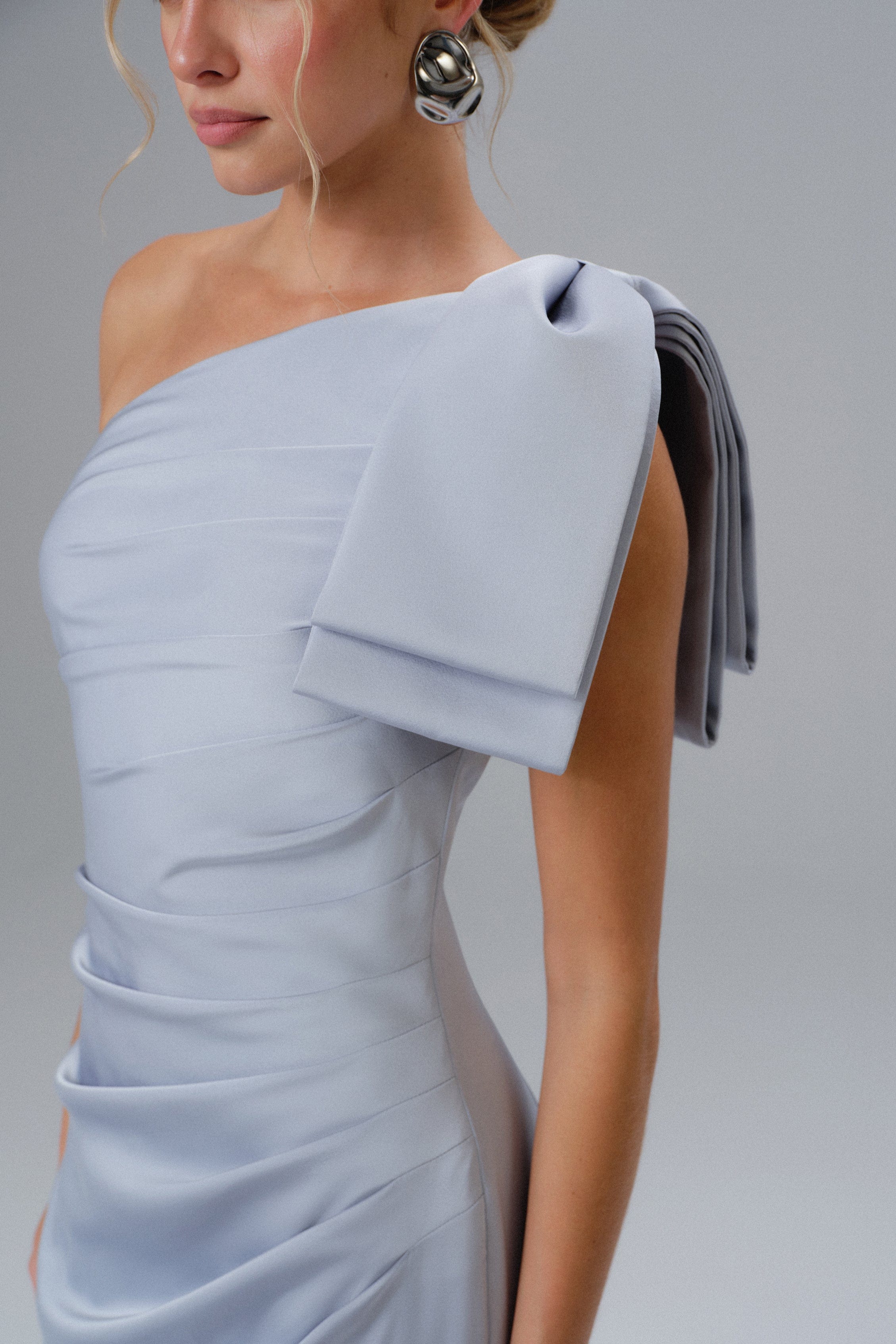 EMELIA One Shoulder Bow Pleated Maxi Dress in Dusty Blue