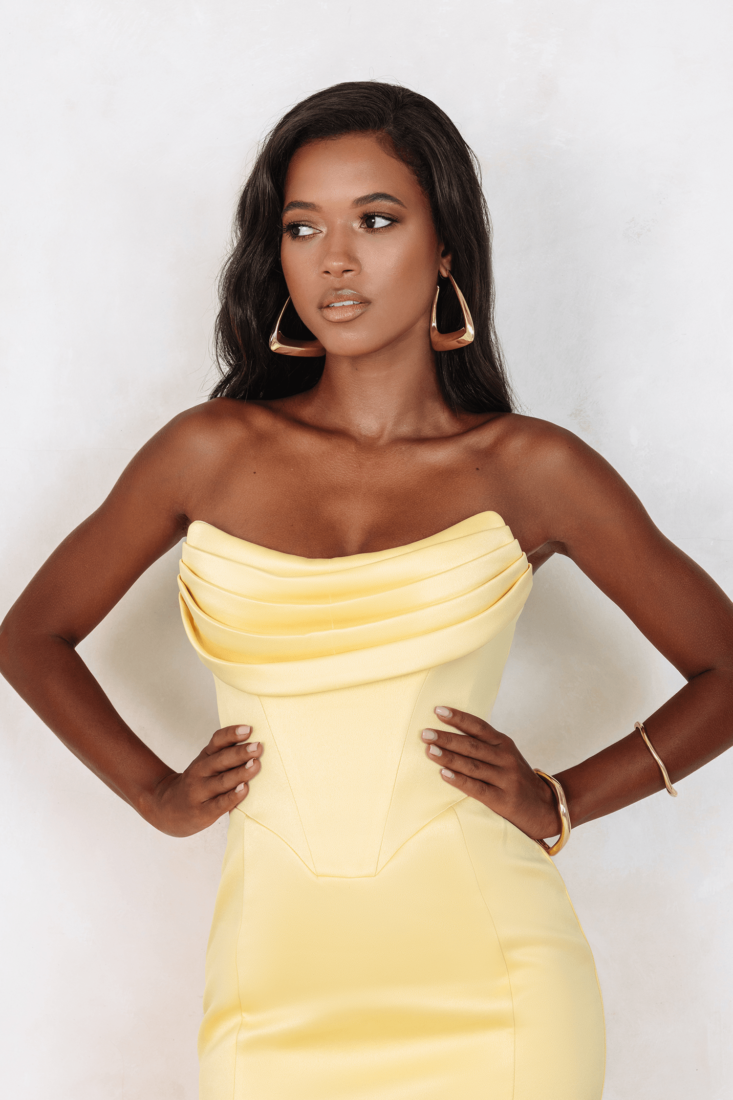 LUCIA Cowl Corset Satin Midi Dress In Yellow - Lavish Alice