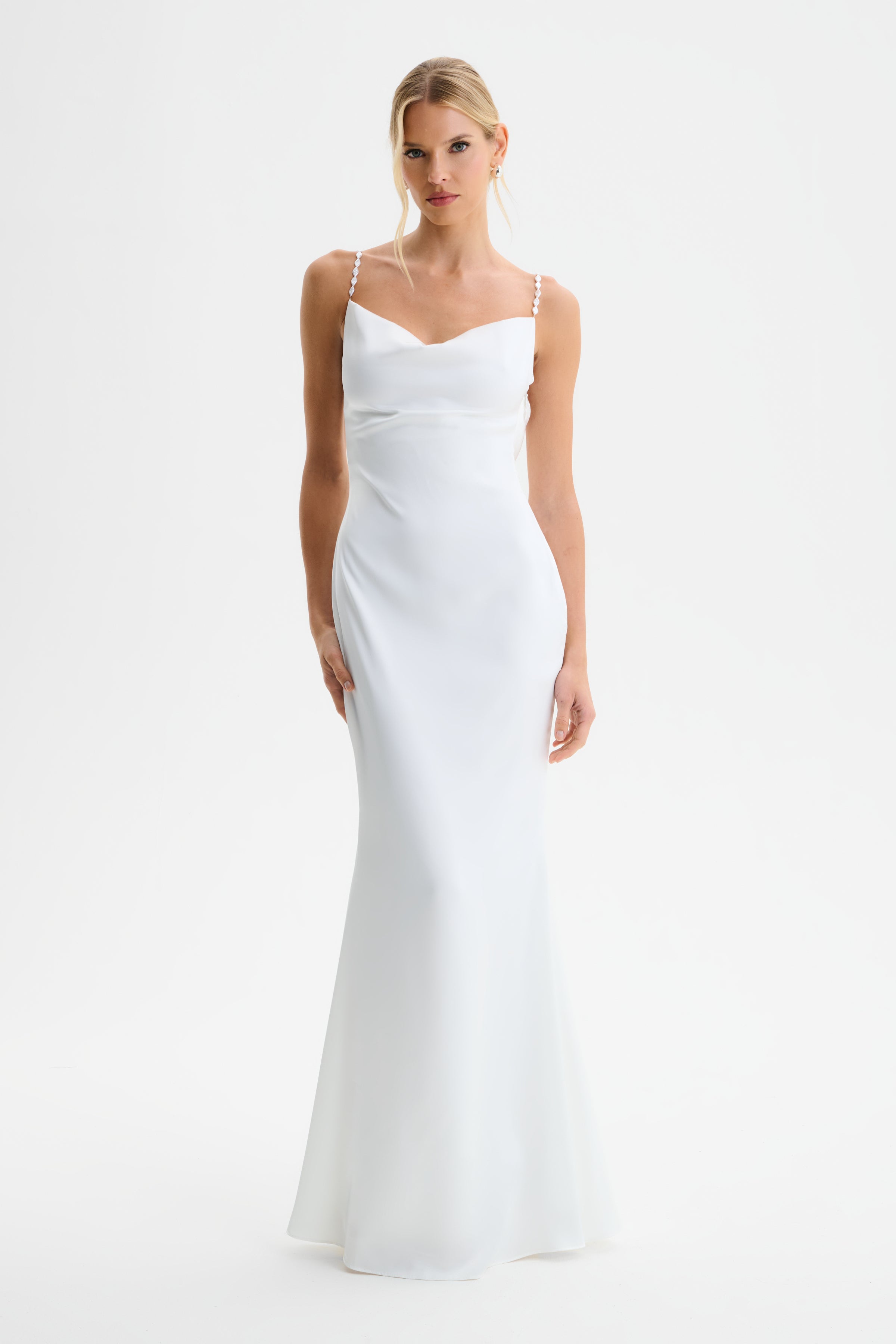 DANI Cowl Neck Satin Maxi Dress with Pearl Straps in White