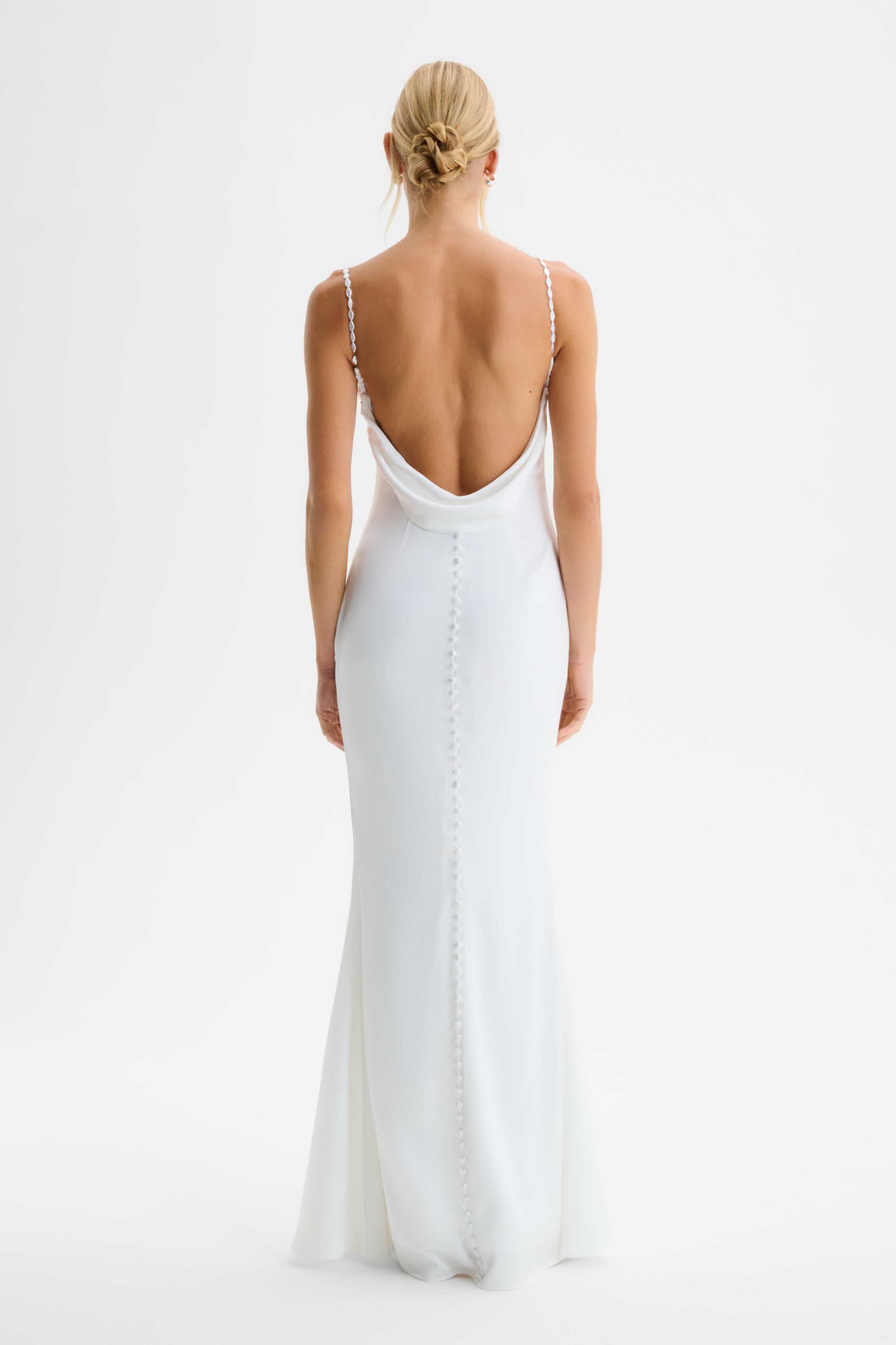 DANI Cowl Neck Satin Maxi Dress with Pearl Straps in White