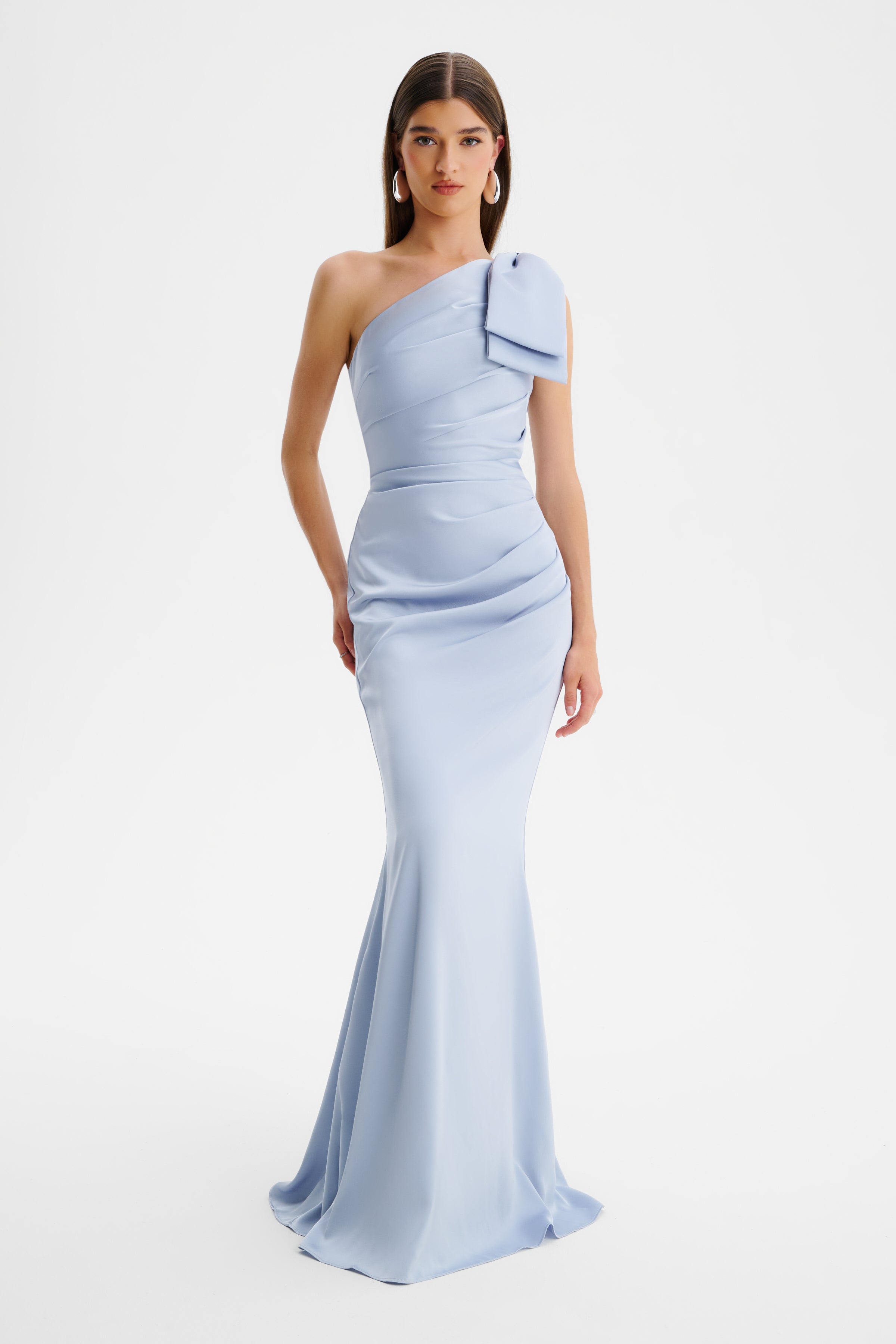 EMELIA One Shoulder Bow Pleated Maxi Dress in Dusty Blue