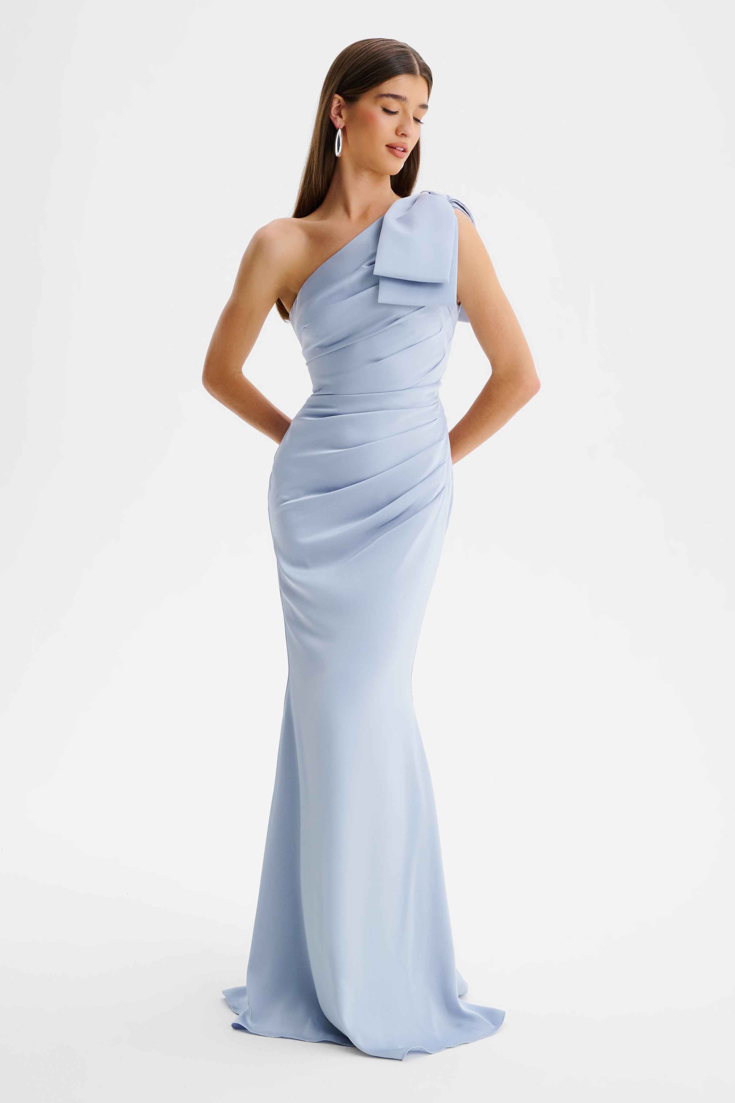 EMELIA One Shoulder Bow Pleated Maxi Dress in Dusty Blue