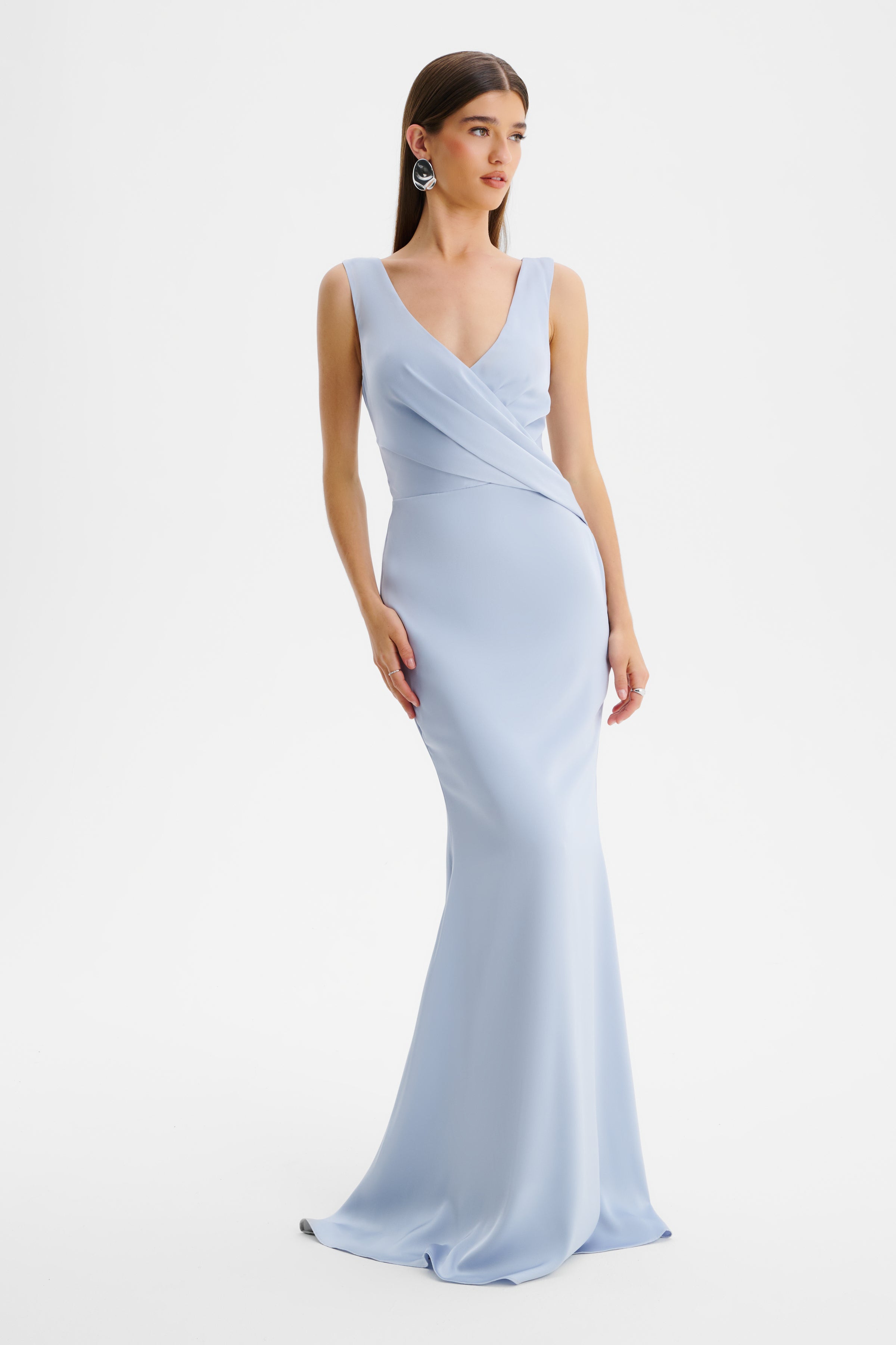 ELLE Draped Wrap Satin Maxi Dress in Blue