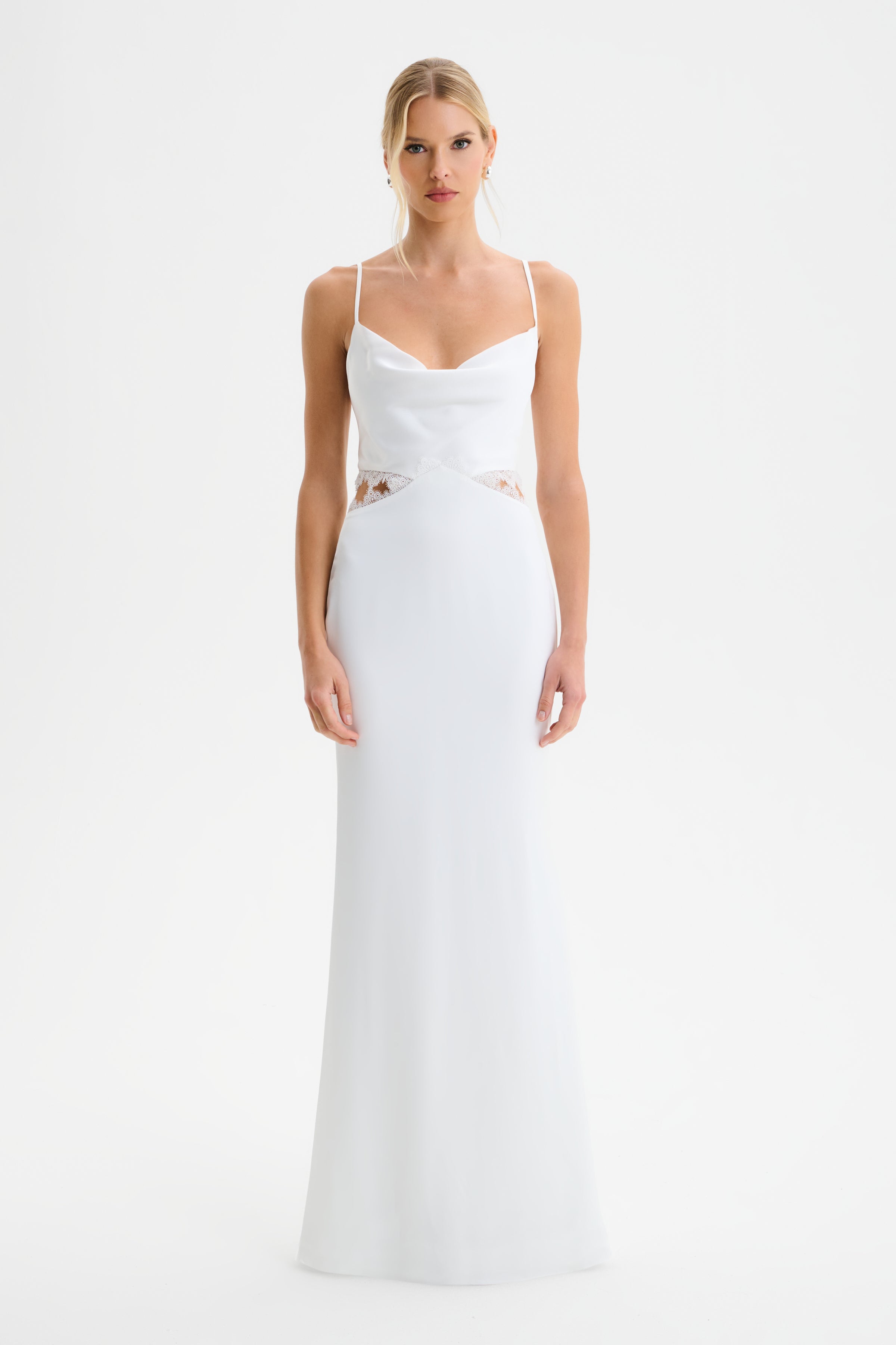 MAY Lace Insert Satin Maxi Dress in White