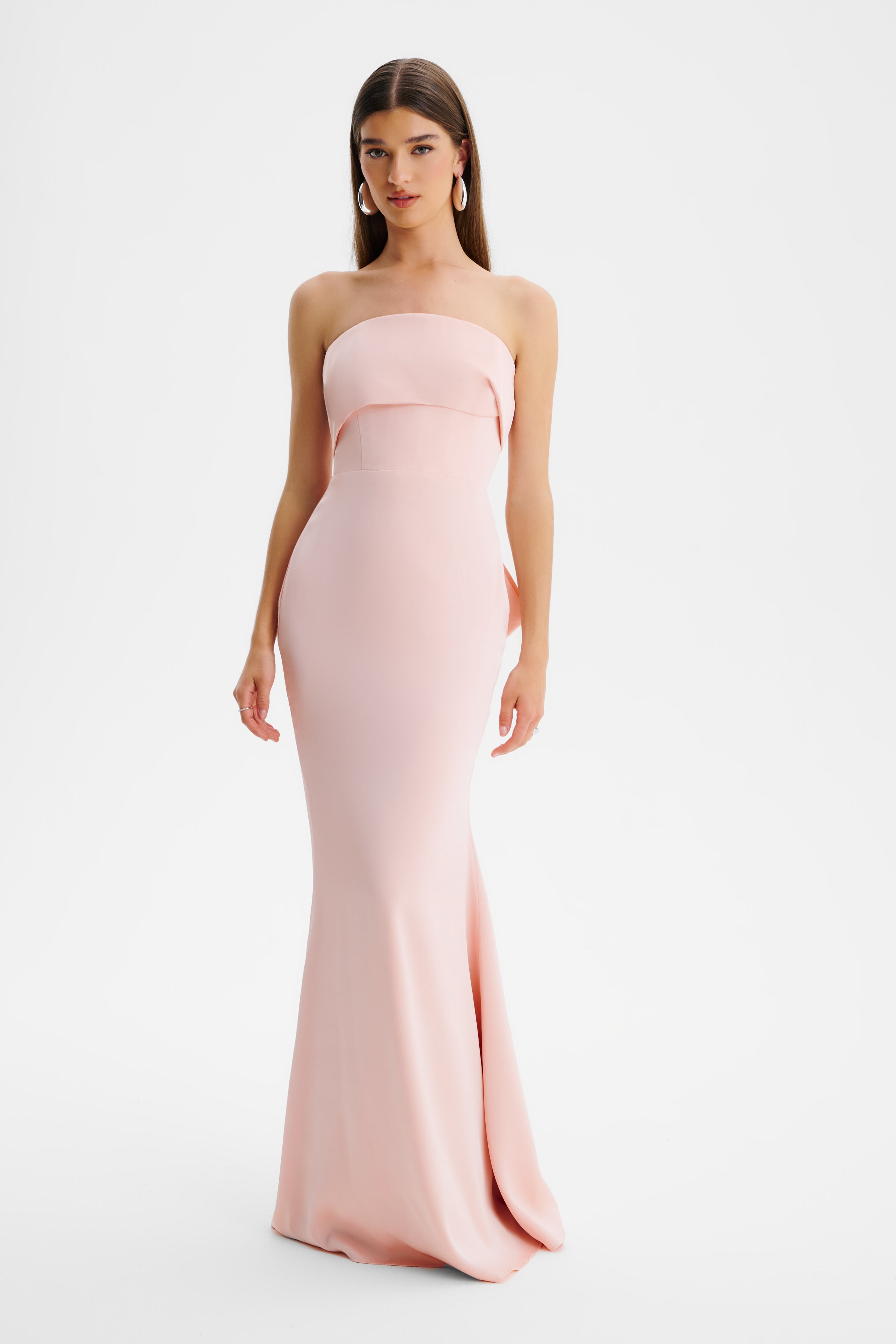 JOVIE Bow Detail Bandeau Satin Maxi Dress in Pink