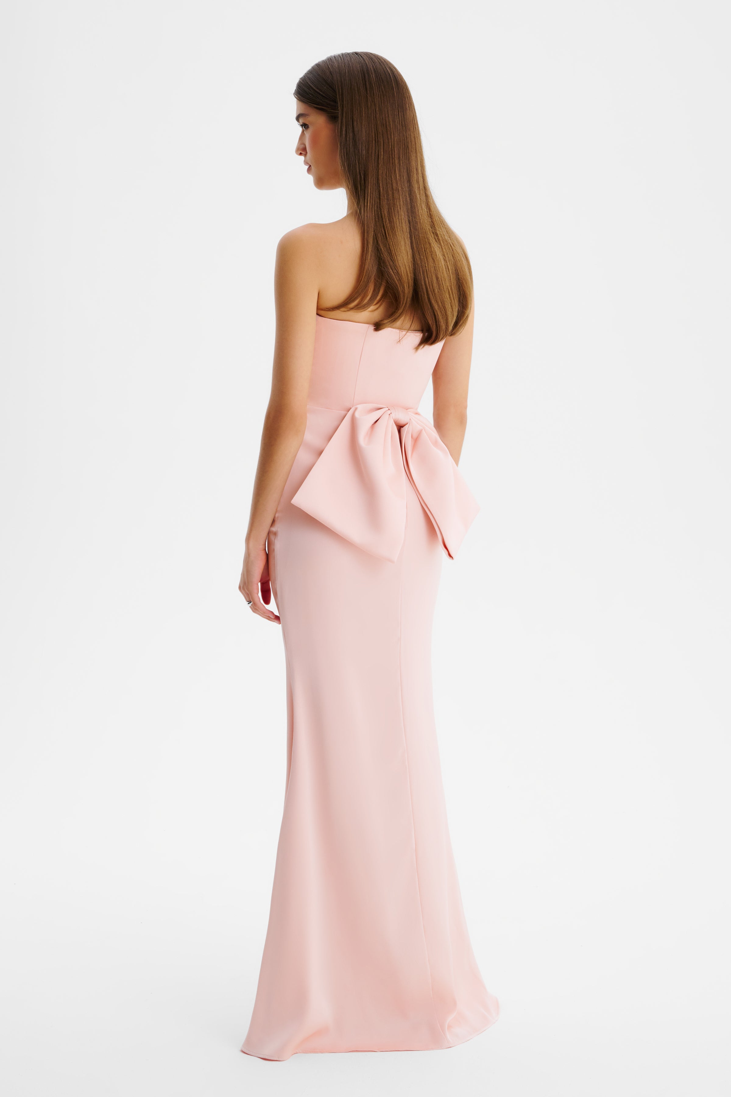 JOVIE Bow Detail Bandeau Satin Maxi Dress in Pink