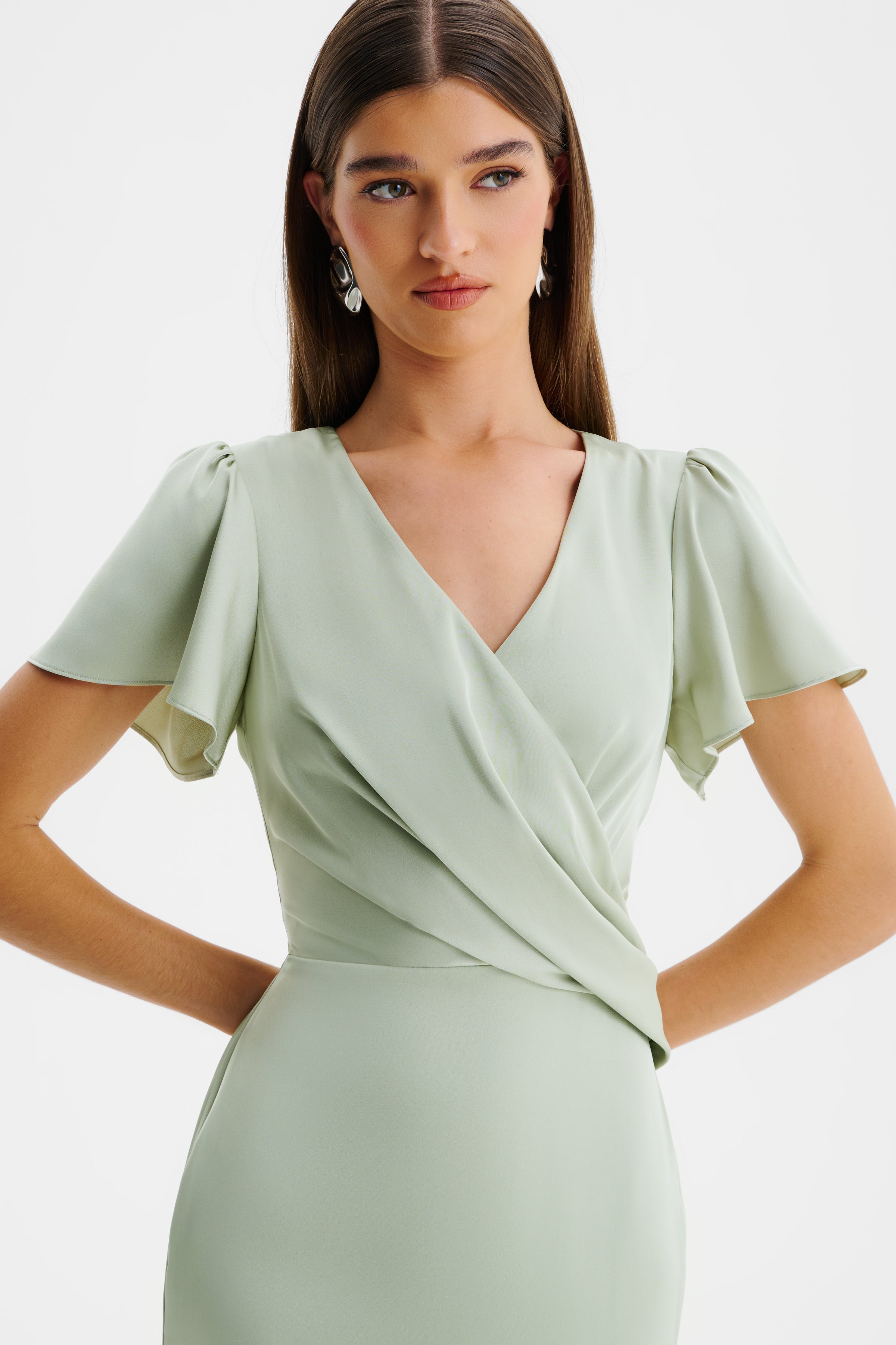 BEAU Draped Wrap Satin Maxi Dress with Sleeves in Sage Green