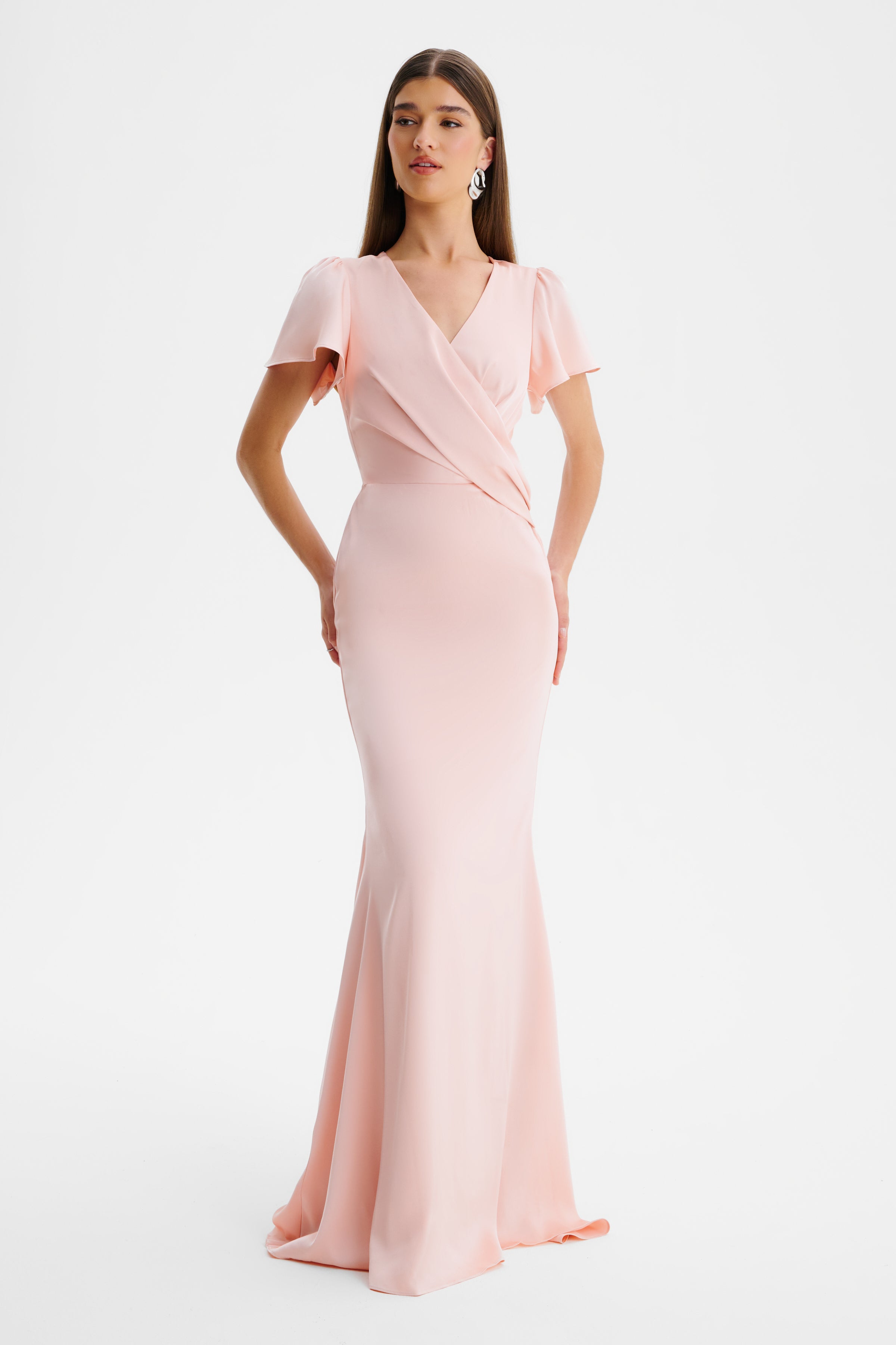 BEAU Draped Wrap Satin Maxi Dress with Sleeves in Pink
