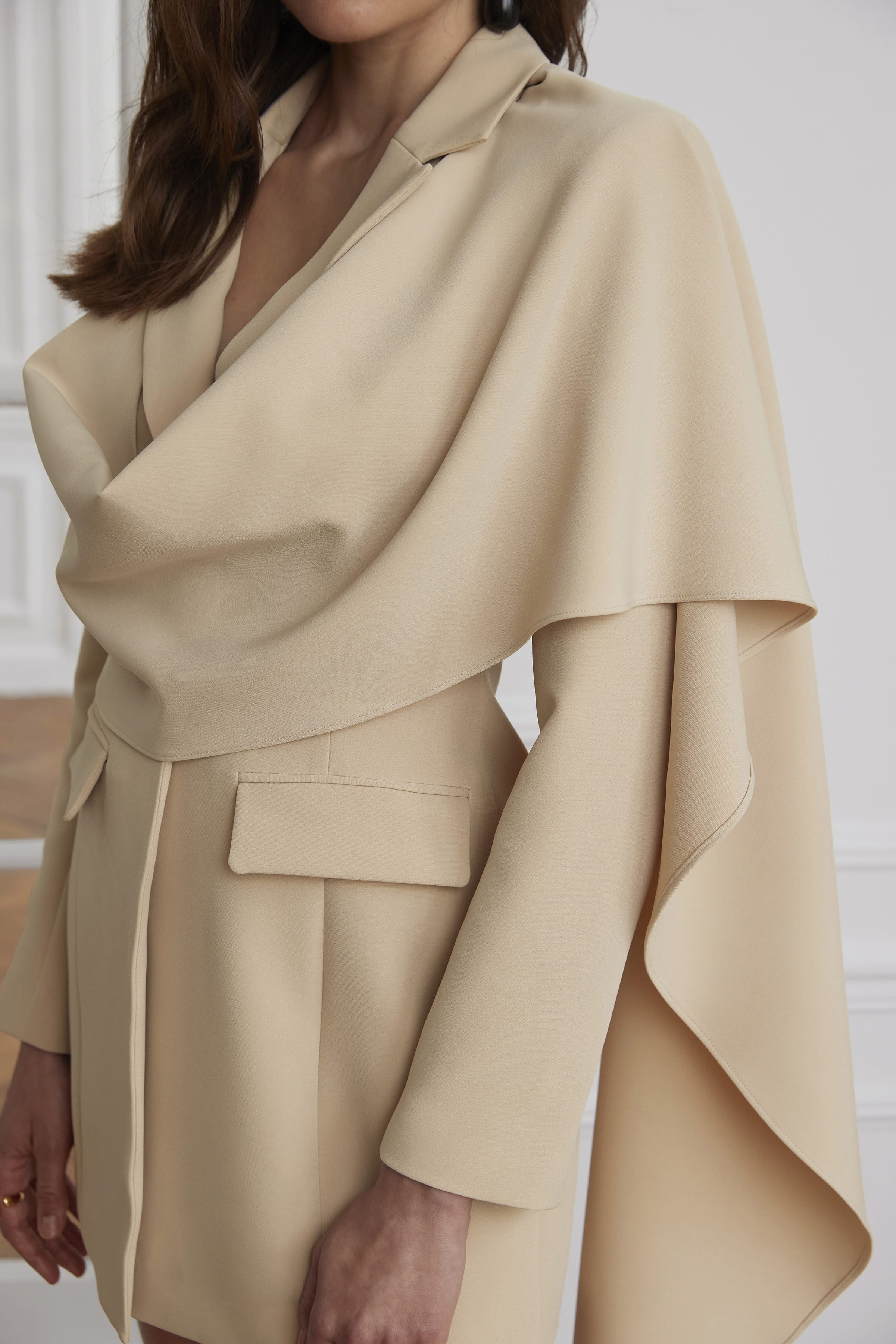 MIREILLE Cape Scarf Blazer Mini Dress In Sand