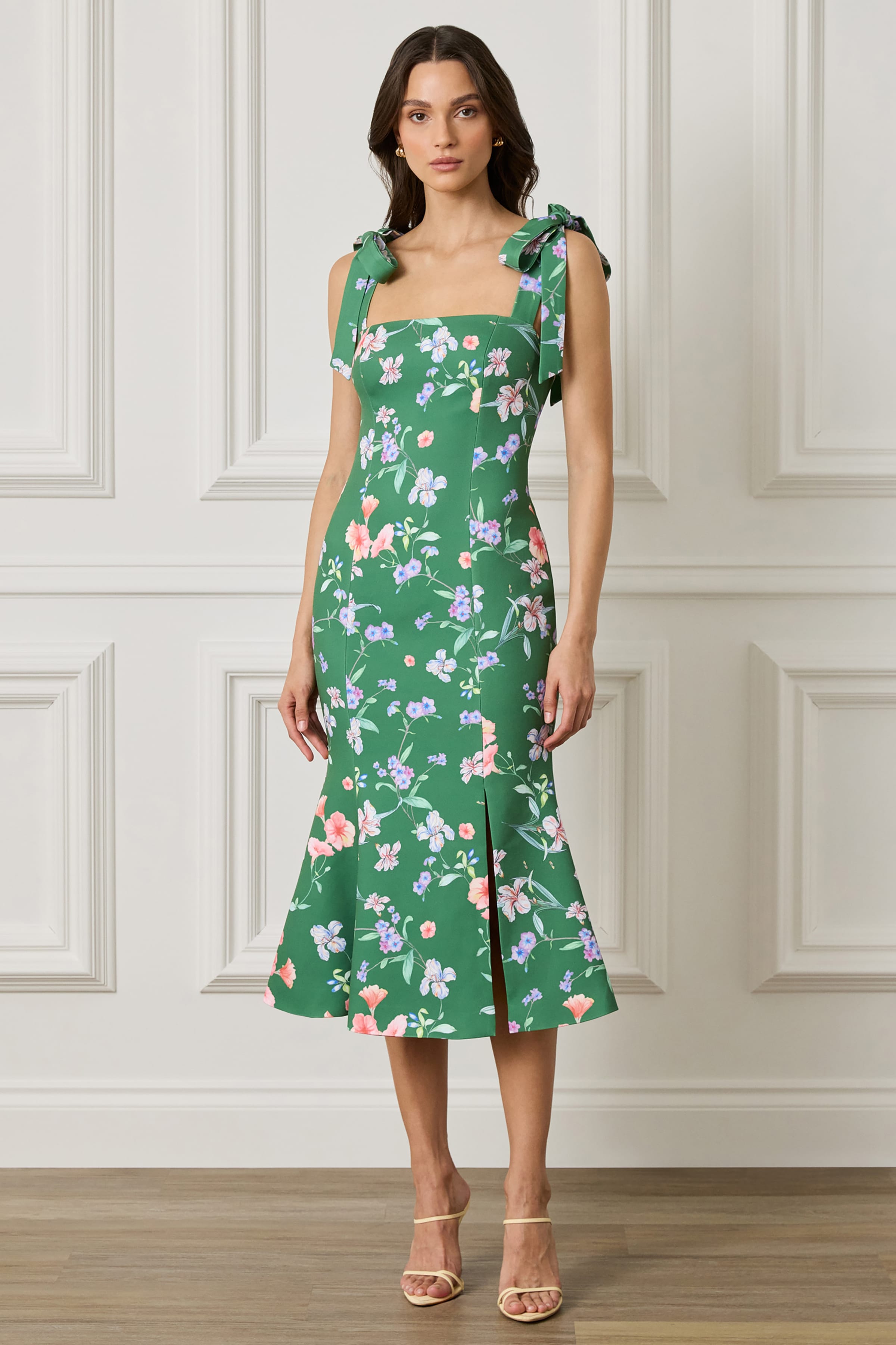 AMABELLA Tie Shoulder Fishtail Midi Dress in Green Floral Print