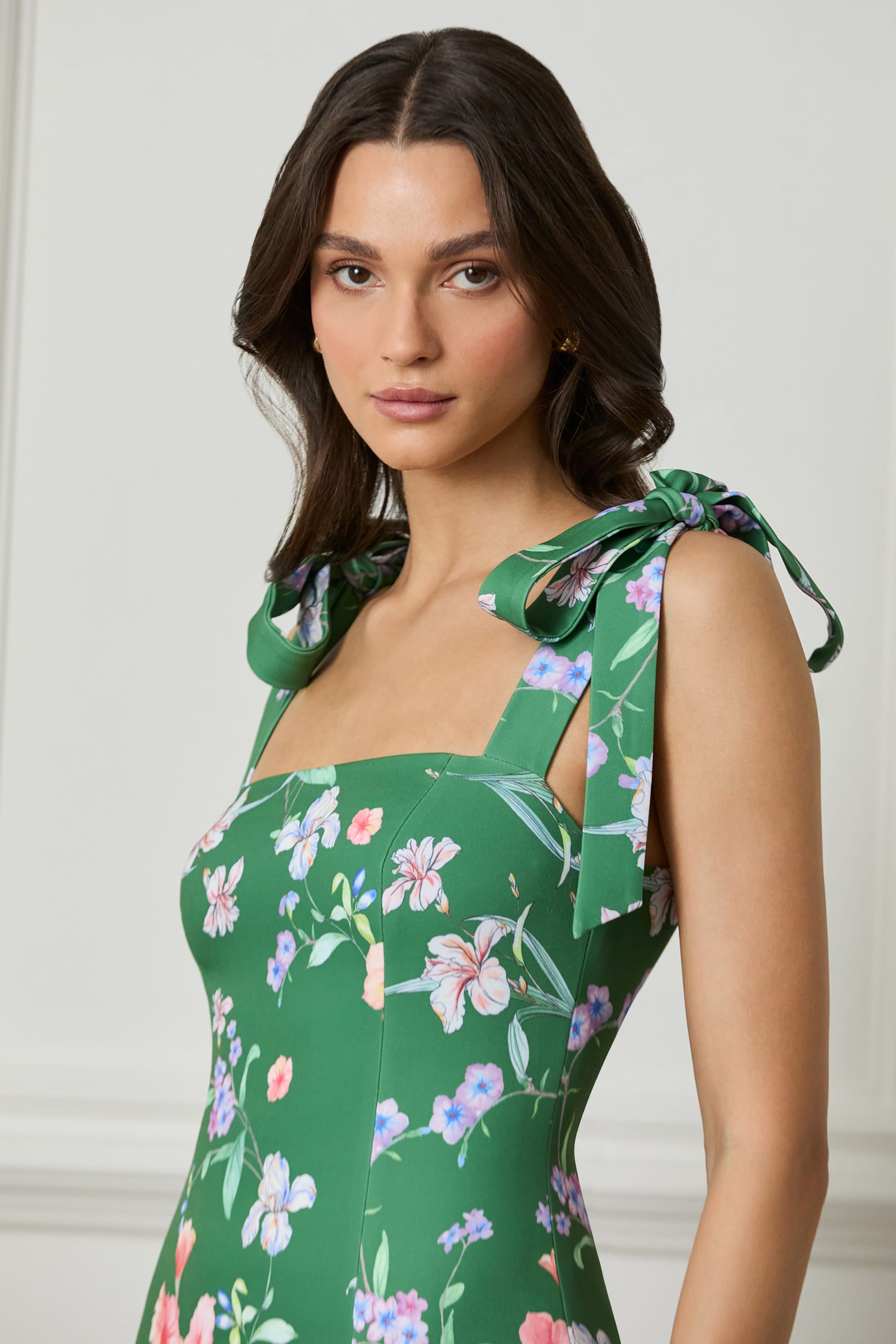 AMABELLA Tie Shoulder Fishtail Midi Dress in Green Floral Print