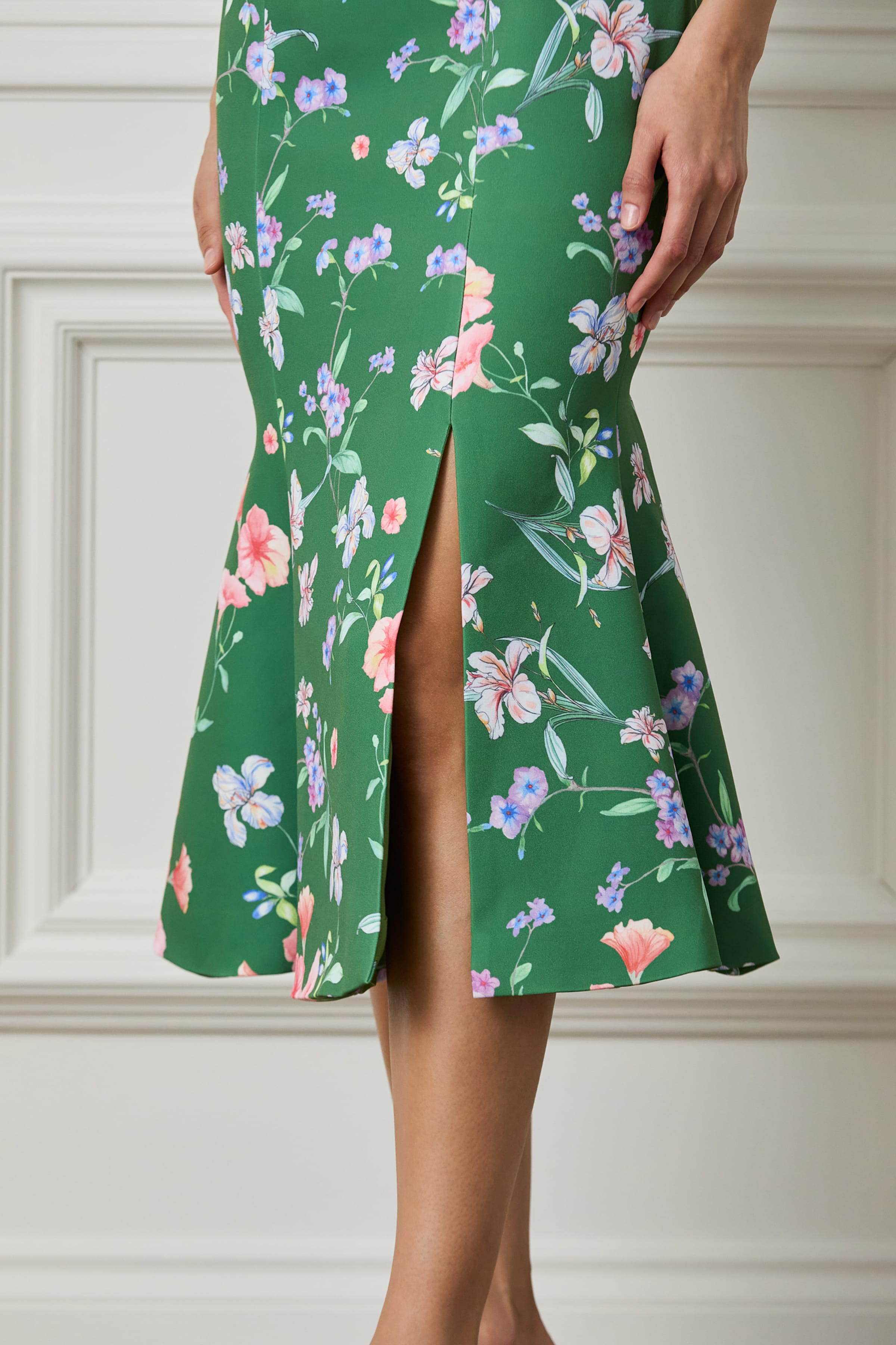 AMABELLA Tie Shoulder Fishtail Midi Dress in Green Floral Print