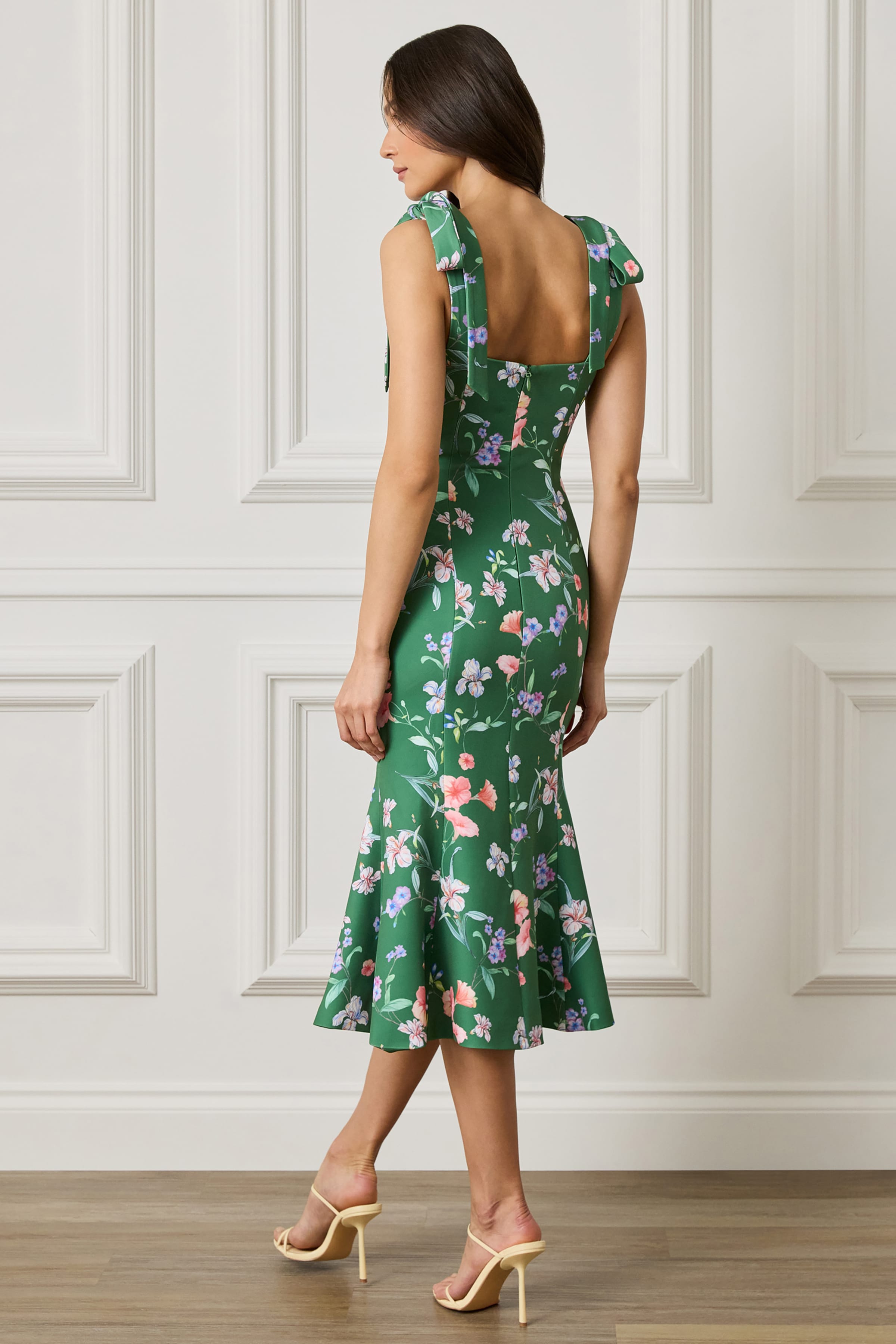 AMABELLA Tie Shoulder Fishtail Midi Dress in Green Floral Print