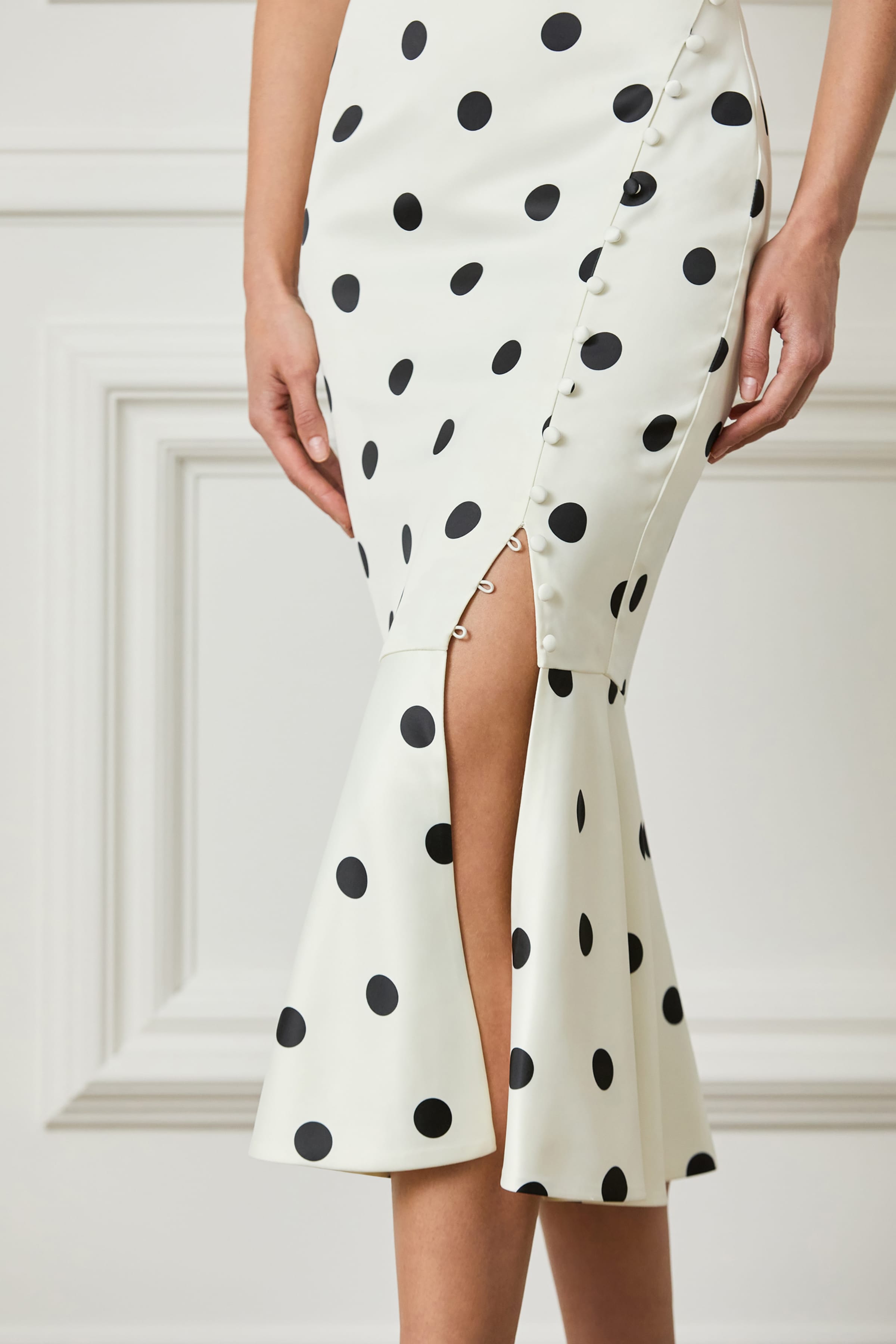 ELBA One Shoulder Satin Fluted Midi Dress In Polka Dot Print