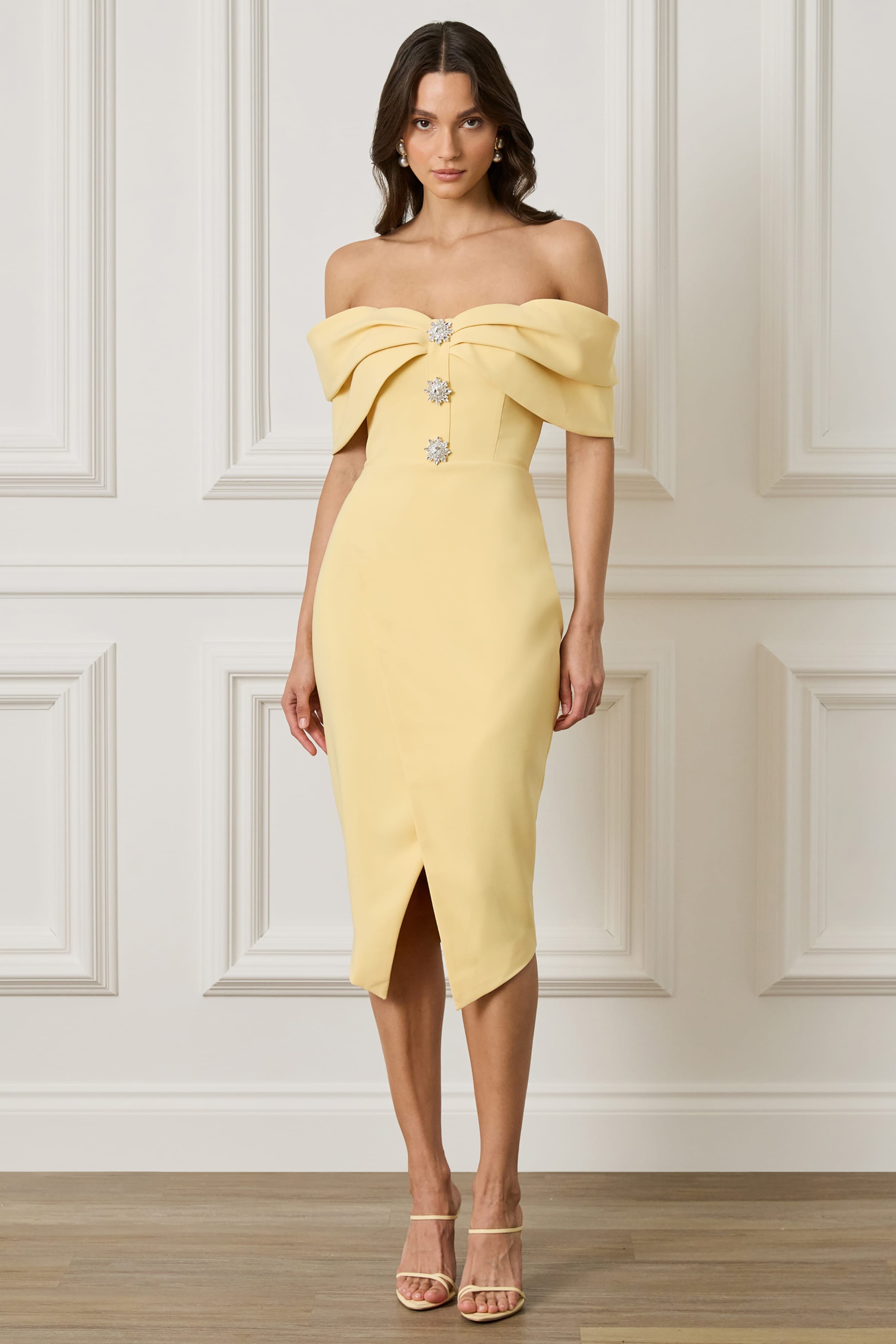 ELYSE Off Shoulder Embellished Wrap Dress in Yellow