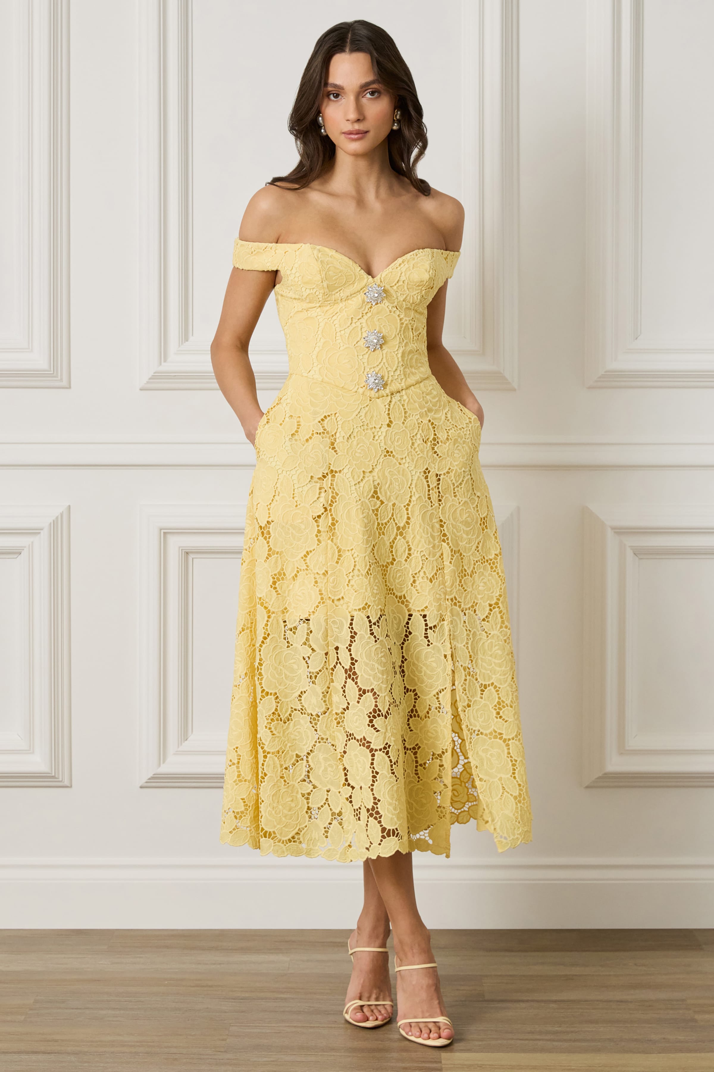 OLIVIA Broderie Anglais Off Shoulder Midi Sundress In Yellow