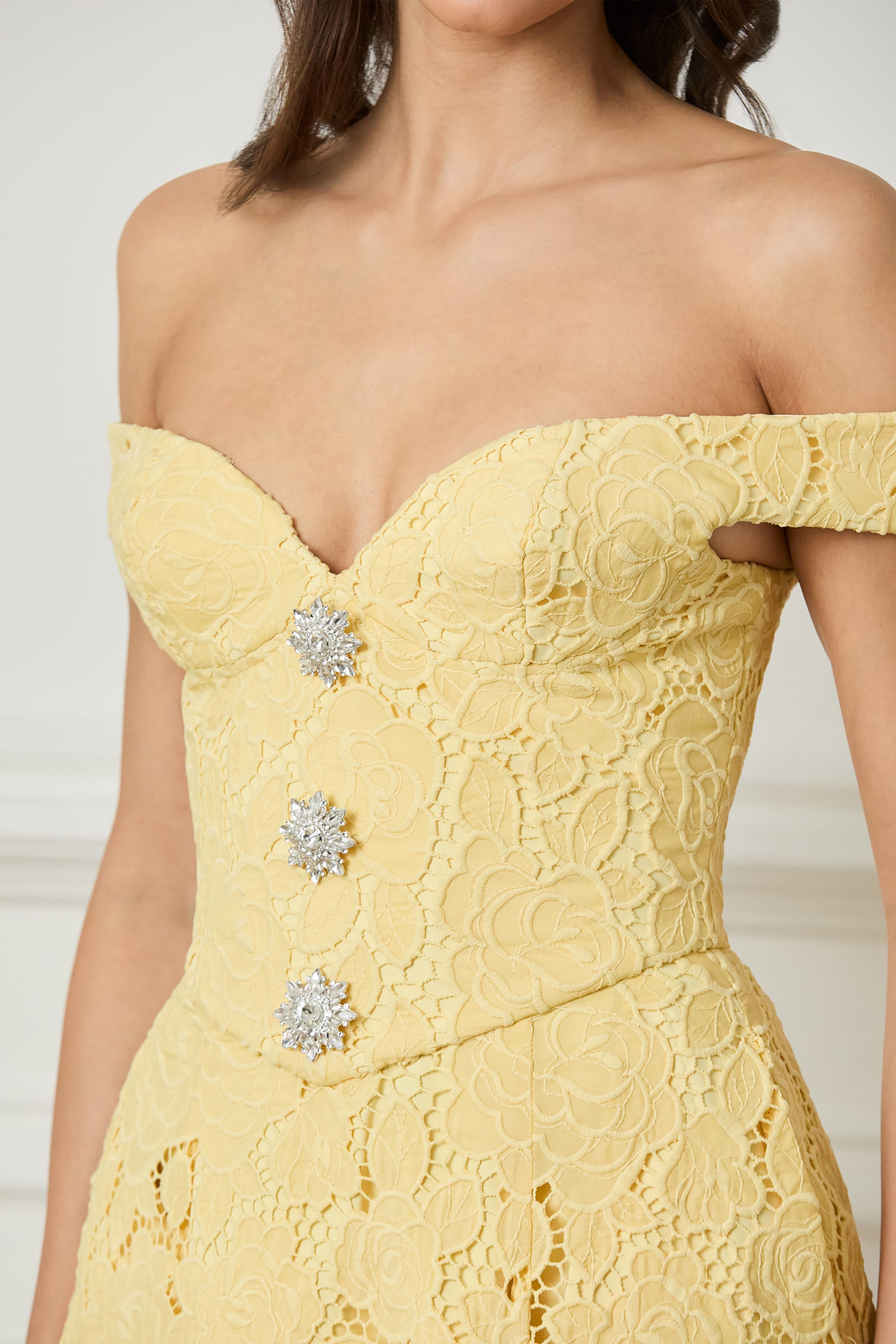OLIVIA Broderie Anglais Off Shoulder Midi Sundress In Yellow