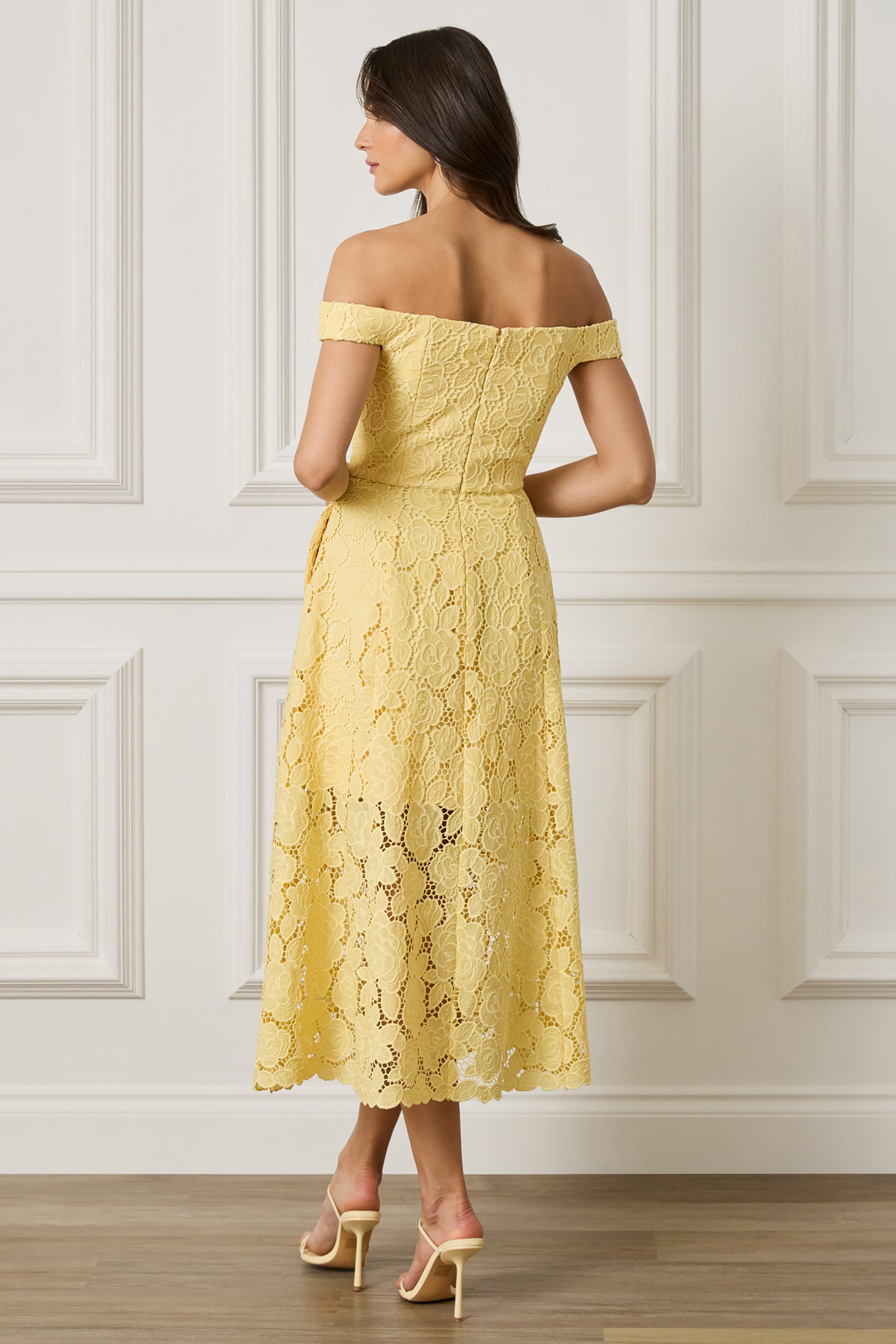 OLIVIA Broderie Anglais Off Shoulder Midi Sundress In Yellow